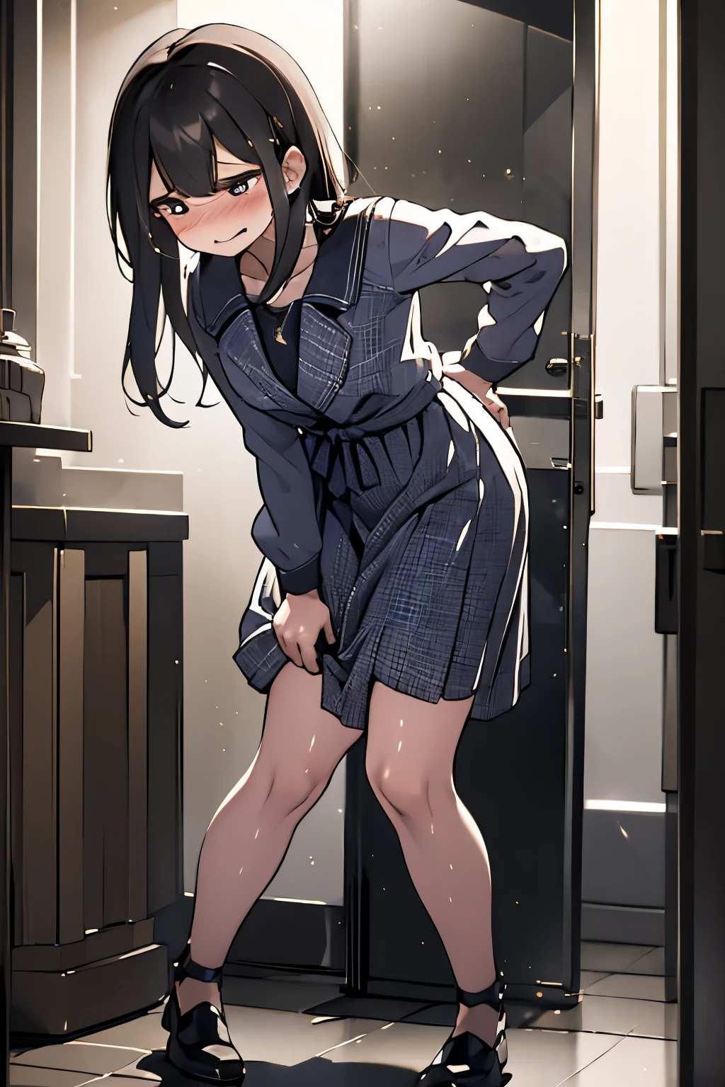 Anime girl in a short dress leaning on a counter - SeaArt AI