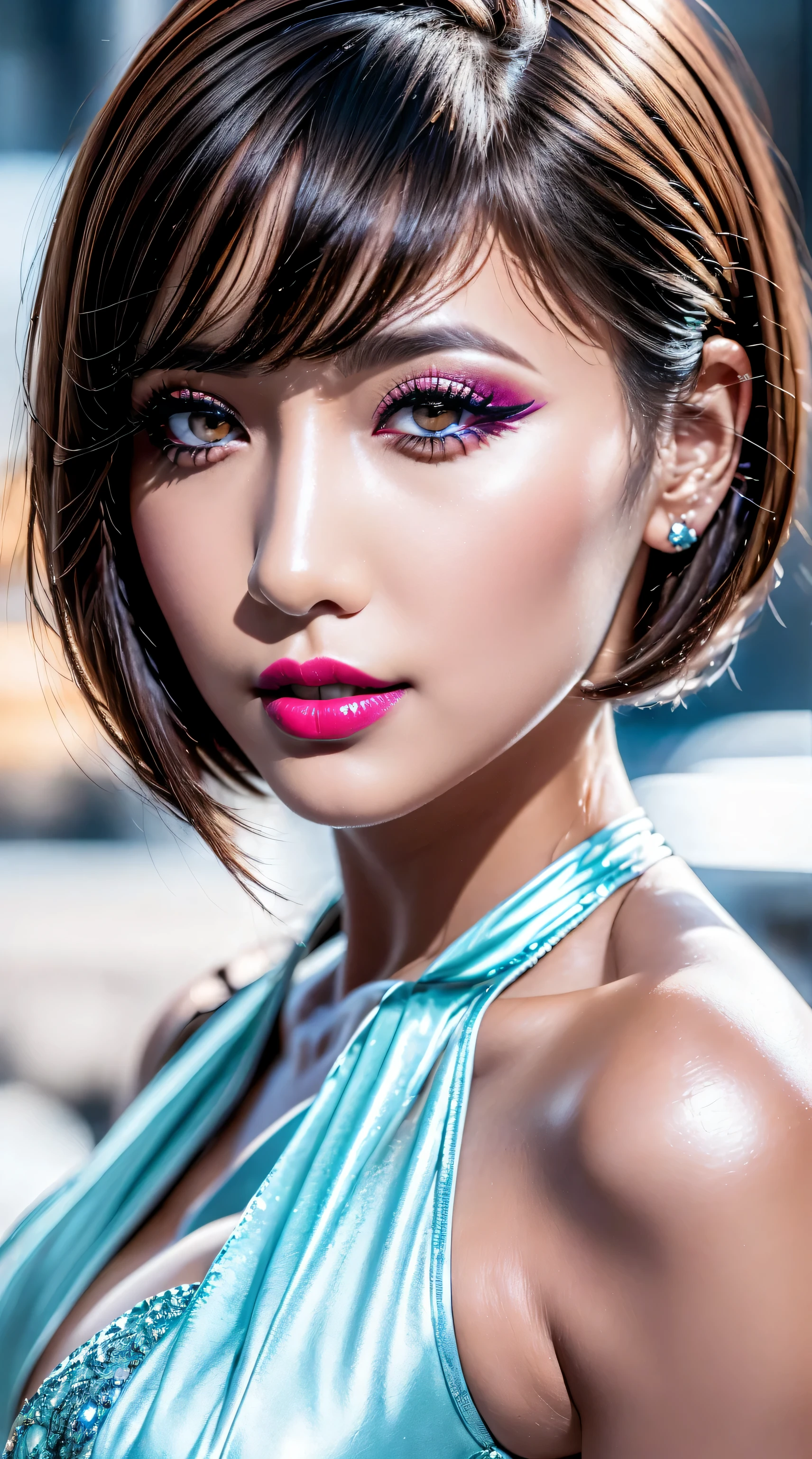 ((perfect round eyes))、dressed, (photo realistic:1.5), (realistic:1.5), (smoother lighting:1.05), (increase cinematic lighting quality:0.2), 32K, (1girl:1.4) 28years old、fashion supermodel、realistic lighting, backlighting, light on face, ray trace, (brightening light:1.2), (Increase quality:1.1), (best quality real texture skin:1.4), ((finely detailed eyes)), finely detailed face, ((finely quality eyes)), (tired and sleepy and satisfied:0.0), ((face closeup:1.3)), (detailed lips:1.33)、(Detailed nose:1.2)、(Increase body line mood:1.1), (Increase skin texture beauty:1.18), ((small head: 1.4))、((slim face)), ((anatomically correct)), ((pink_makeup:1.25)), ((long_blue)_eyeliner:1.3), ((red_lipstick:1.3)), (perfect purple_eyeshadows:1.35), there a close up of a woman's ((eye with a digital rendering)), ((detailed makeup on eyes:1.3)), iridescent eyes, with professional makeup, vibrant eyes:1.2, ((Glamour, paparazzi taking pictures of her), (very complicated Extravagant street outfit), The attention to detail, Double eyelids, Wear an off-the-shoulder top, full bodyesbian，((White short hair:1.33)), ((brown_eyes:1.6)), contrast、 (dark shot:1.08)、 UHD, Extremely detailed, voluminetric warm lighting,