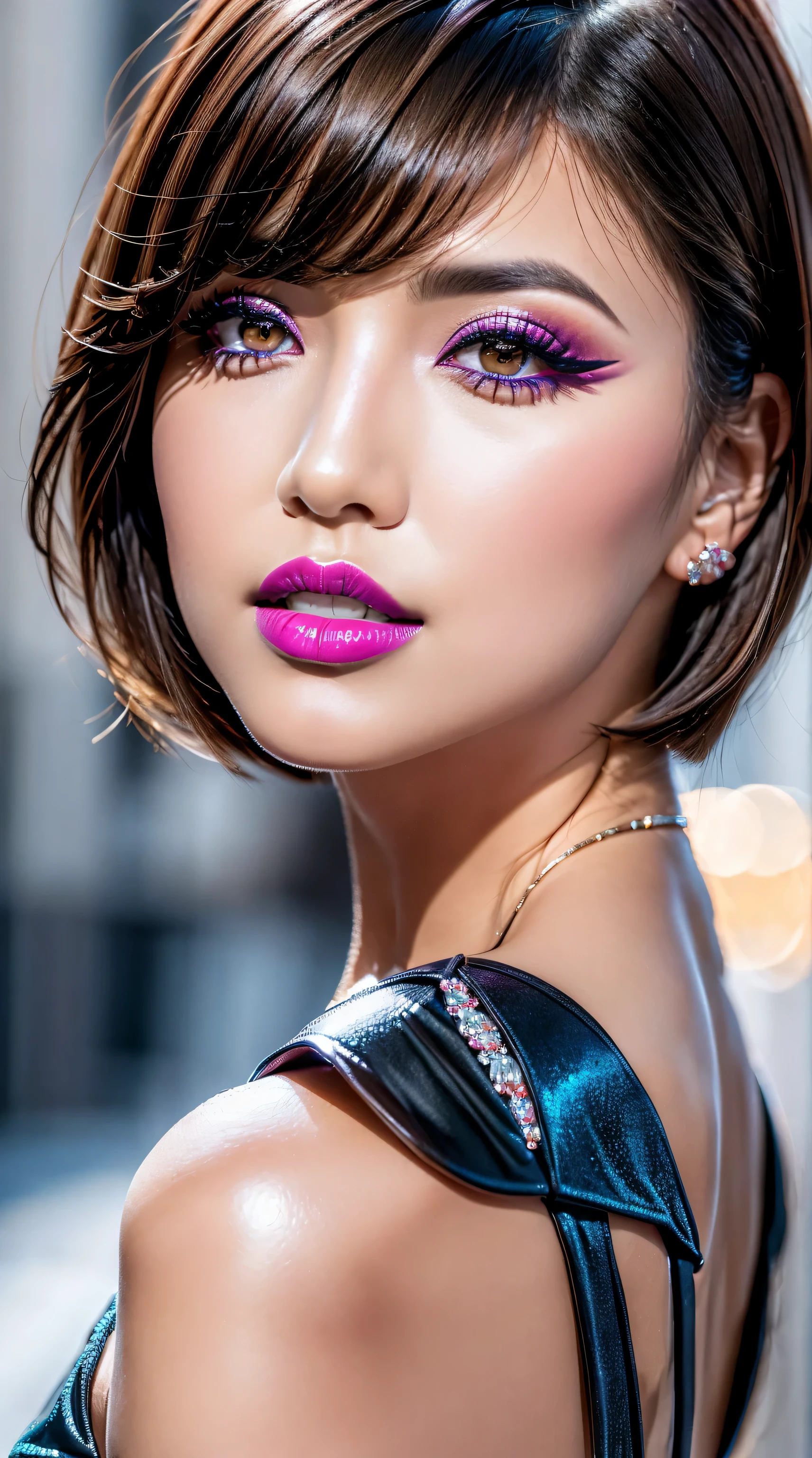 ((perfect round eyes))、dressed, (photo realistic:1.5), (realistic:1.5), (smoother lighting:1.05), (increase cinematic lighting quality:0.2), 32K, (1girl:1.4) 28years old、fashion supermodel、realistic lighting, backlighting, light on face, ray trace, (brightening light:1.2), (Increase quality:1.1), (best quality real texture skin:1.4), ((finely detailed eyes)), finely detailed face, ((finely quality eyes)), (tired and sleepy and satisfied:0.0), ((face closeup:1.3)), (detailed lips:1.33)、(Detailed nose:1.2)、(Increase body line mood:1.1), (Increase skin texture beauty:1.18), ((small head: 1.4))、((slim face)), ((anatomically correct)), ((pink_makeup:1.25)), ((long_blue)_eyeliner:1.3), ((red_lipstick:1.3)), (perfect purple_eyeshadows:1.35), there a close up of a woman's ((eye with a digital rendering)), ((detailed makeup on eyes:1.3)), iridescent eyes, with professional makeup, vibrant eyes:1.2, ((Glamour, paparazzi taking pictures of her), (very complicated Extravagant street outfit), The attention to detail, Double eyelids, Wear an off-the-shoulder top, full bodyesbian，((White short hair:1.33)), ((brown_eyes:1.6)), contrast、 (dark shot:1.08)、 UHD, Extremely detailed, voluminetric warm lighting,