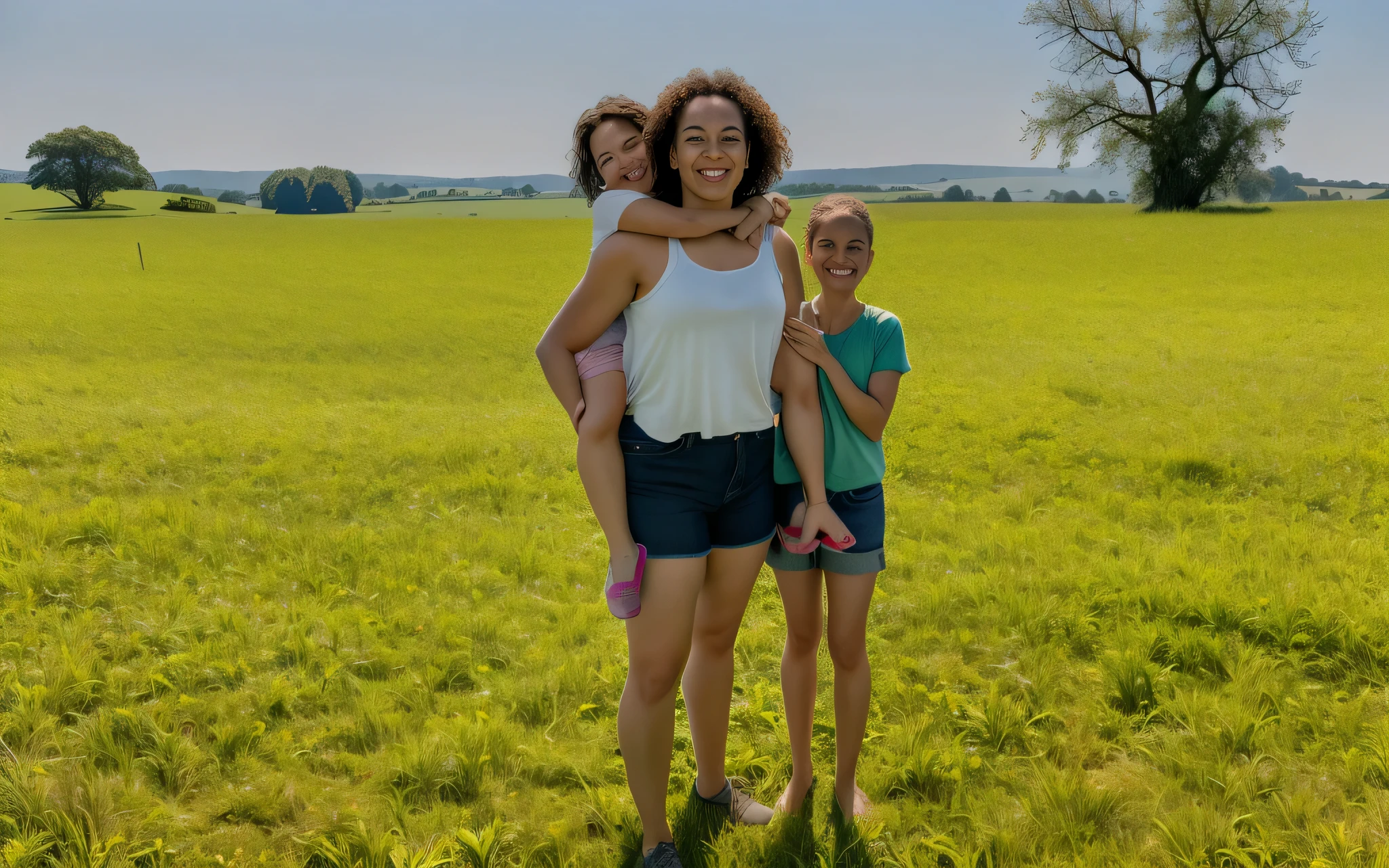 There Are Two Women Standing フィールドなし With A 広い緑の草原で 3 5歳のブラジル人の母親 開けた緑の野原で 畑の真ん中で Seaart Ai