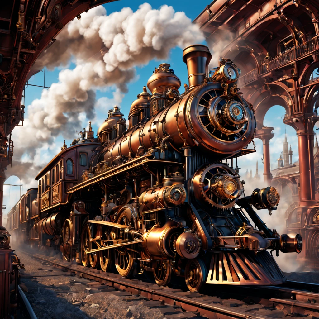 Un train steampunk personnalisé, combinant des éléments du design victorien avec une technologie rétro-futuriste, posé sur les rails avec de la vapeur s&#39;échappant, détaillé avec des rouages, engrenages et tuyaux, couleurs vives, scène dynamique, Haute définition, Haute qualité, Résolution 16k