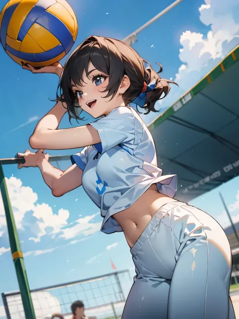 Wearing white sportswear，White sports pants，Playing volleyball，Sunny and cheerful，concentrated，ponytail