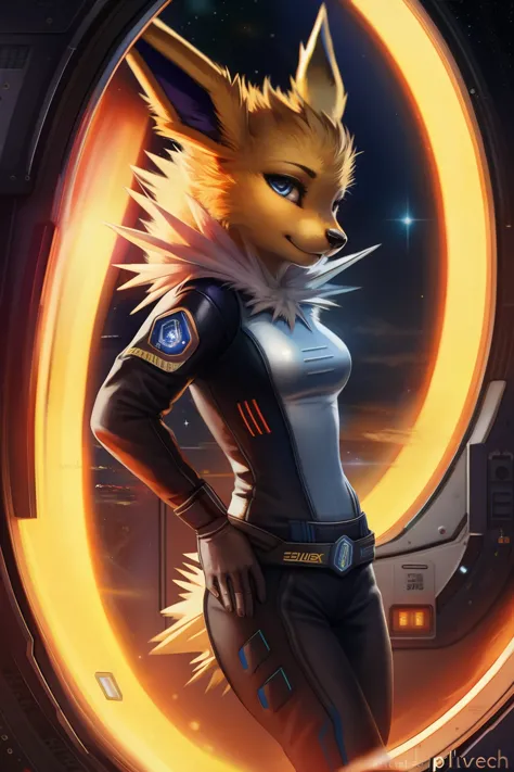 female jolteon wearing tight space suit,space marine uniform,jolteon fur,beautiful furry art,standing close to space ship window...