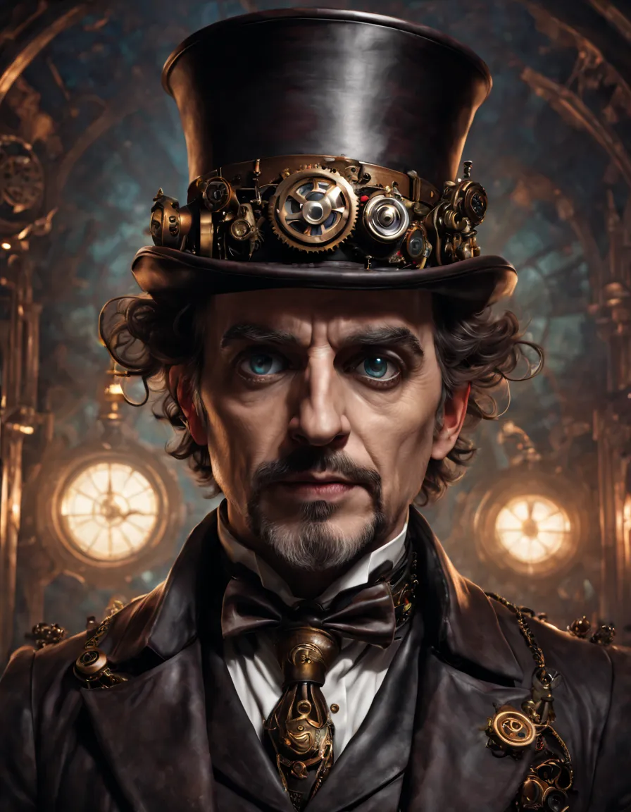 There is a man with a top hat, suit and tie, Steampunk male portrait, Close-up portrait of an artificer, Hyper-detailed fantasy ...