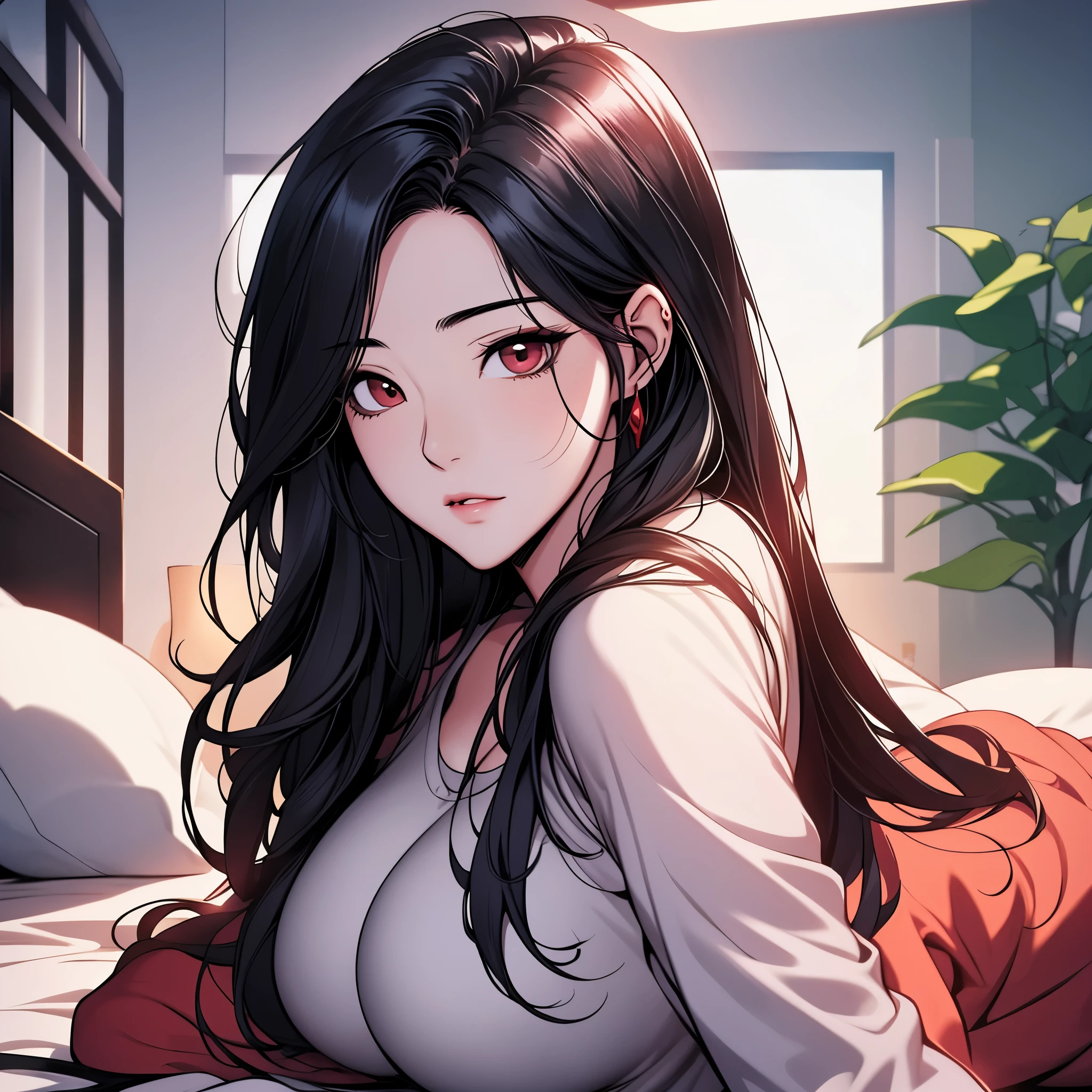 Anime girl with long black hair laying on bed with red eyes - SeaArt AI