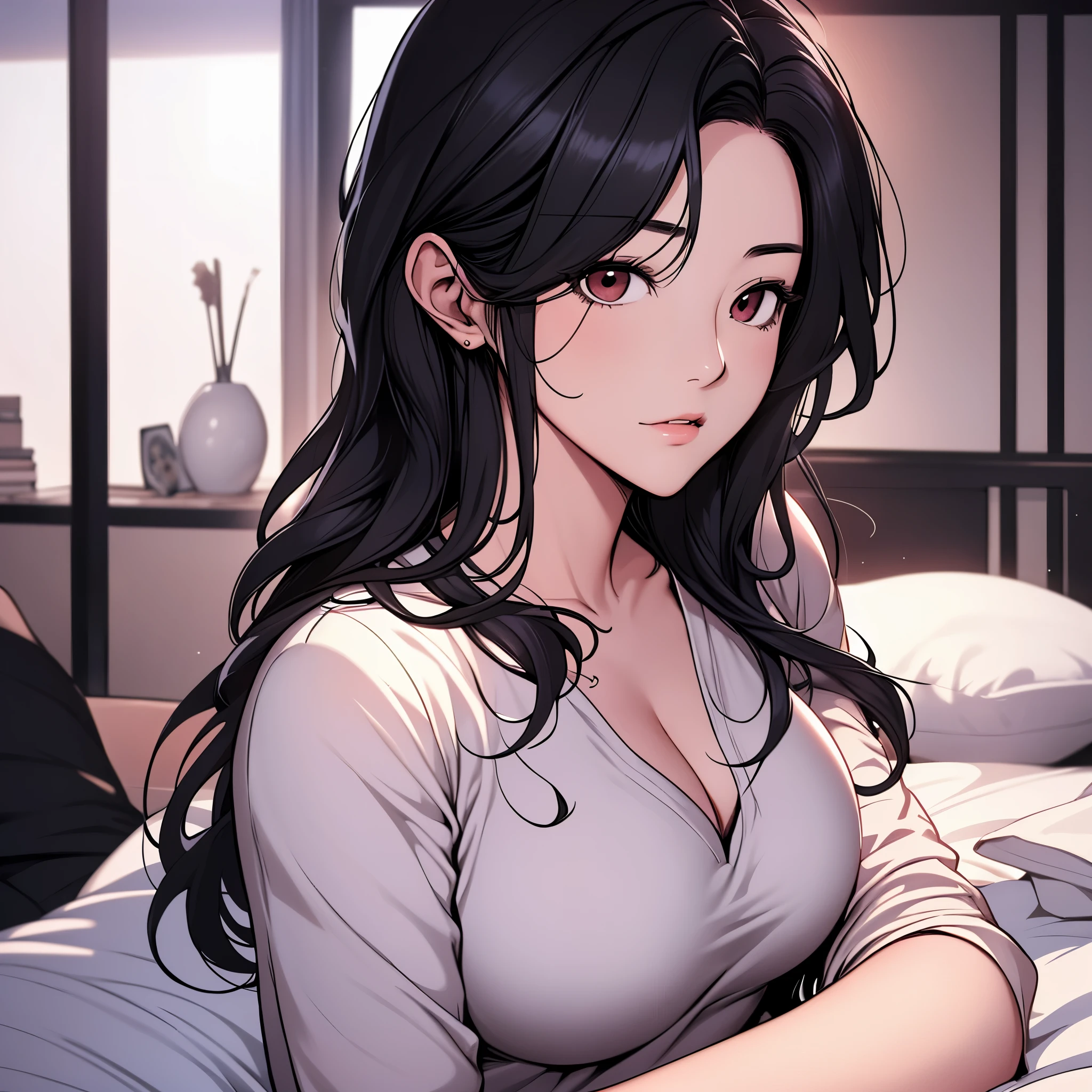 Anime girl with long black hair sitting on a bed - SeaArt AI