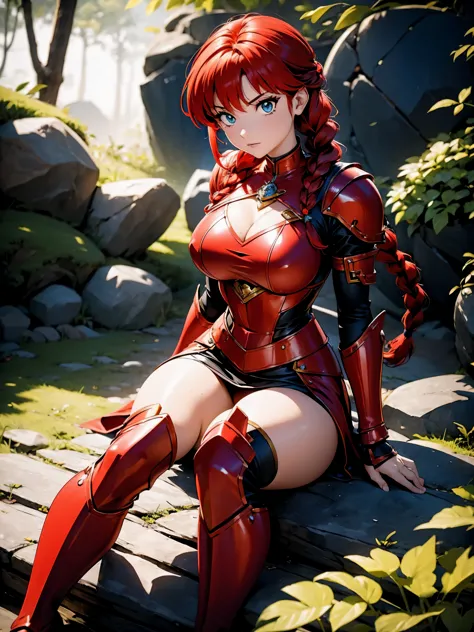 Garota anime ruiva com armadura metalica vermelha, 16 anos, corpo bonito, seios grandes, postura de luta, postura de combate, ga...