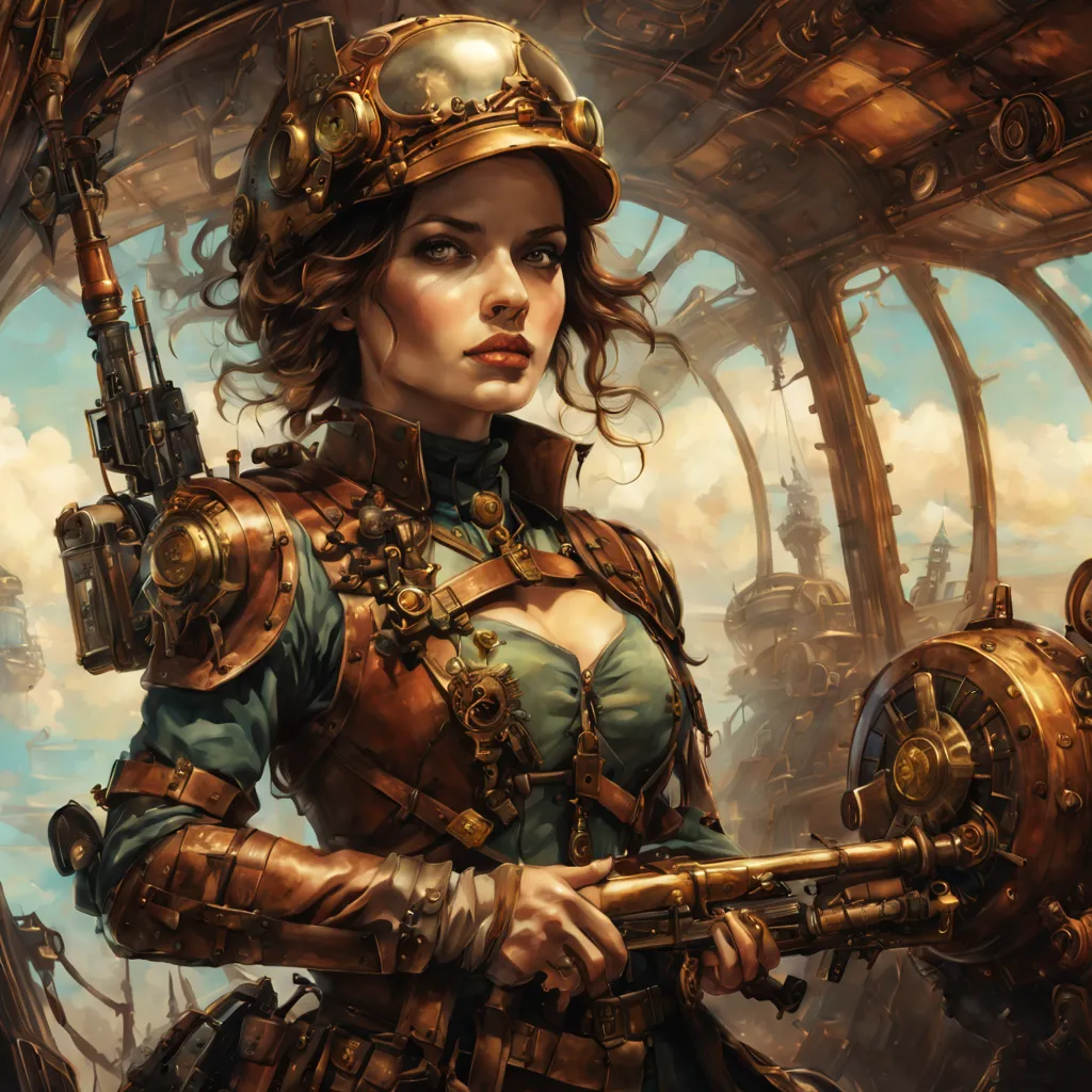 Steampunk a woman soldier with her weapon in an airship, illustration by Alessandro 'Talexi' Taini, in DreamWorks Animation Wond...