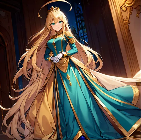 1 woman, long blonde hair, Long blonde locks of hair, green eyes, sligth smile, calm expression, empress, beautiful golden crown...