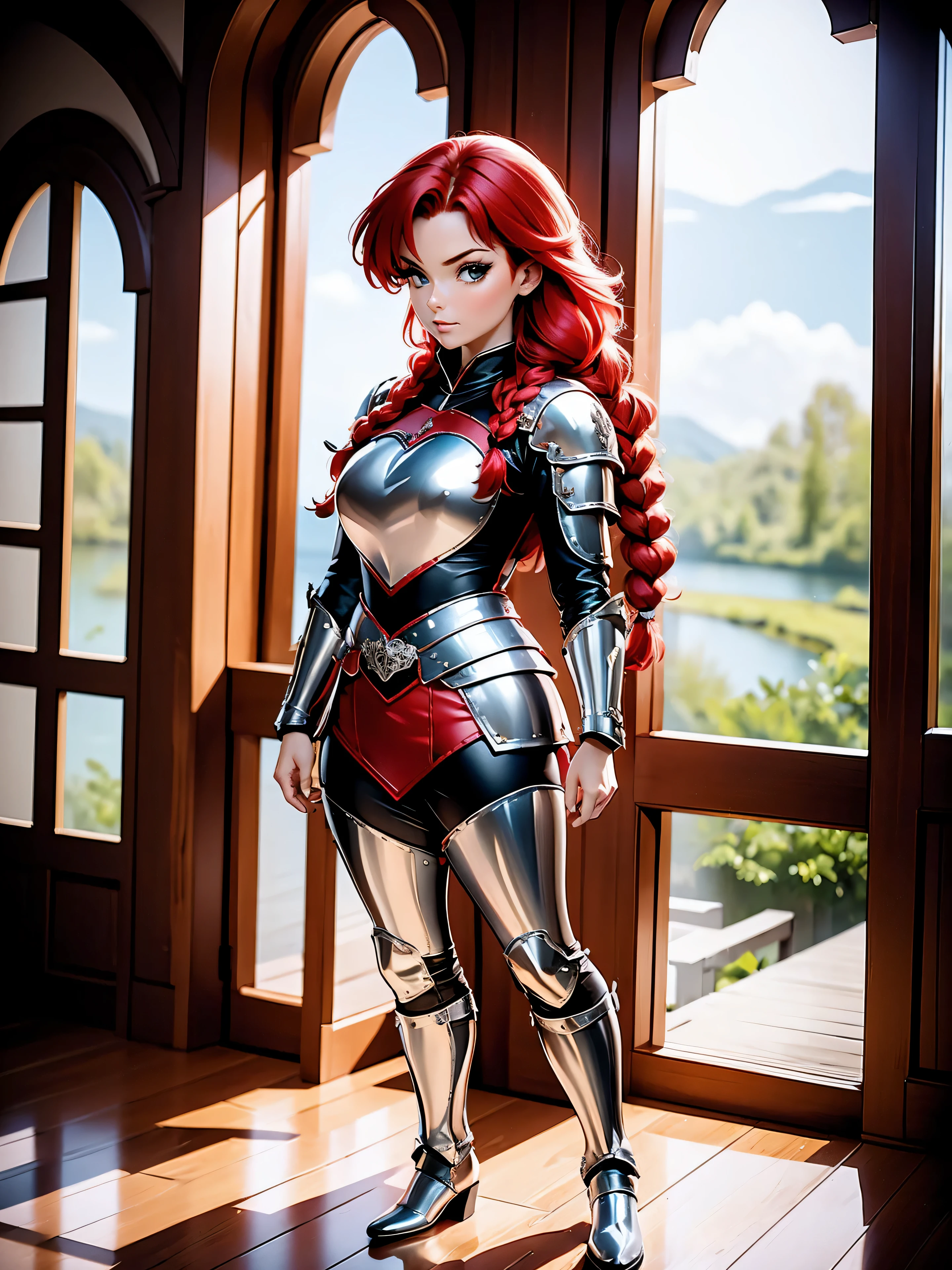 Anime girl rousse avec armure métallique rouge, 16 ANS, beau corps, gros seins, position de combat, position de combat, fille sexy, red cheveux avec tresse, bel éclairage, ombres douces, yeux bleus, belles jambes, cheveux avec tresse, style animé, Ranma chan, Autora Rumiko Takahashi, D&#39;après une œuvre de Rumiko Takahashi, Anime Ranma 1/ 2, déco sexy, hanche robuste, tout le corps, tout le corps, gros buste, jeune fille avec un beau et beau corps, petite jeune fille, robe d&#39;armure métallique rouge, fille animée, style animé, red cheveux avec tresse, belle lumière, armure en métal brillant, tout le corps, bottes noires aux pieds, tresse de cheveux roux