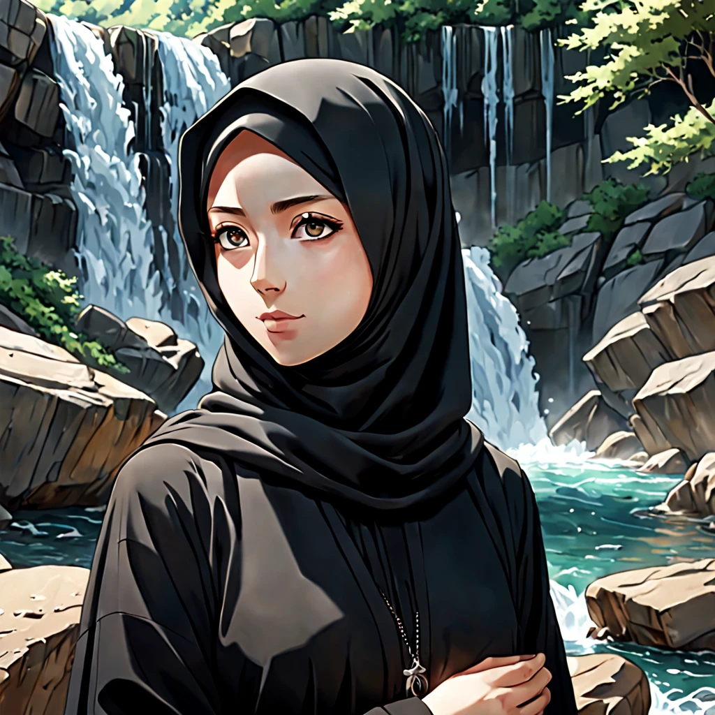 In the Anime style of UFOTABLE studio with excessive details: Illustrate an exquisitely detailed depiction of a 24-year-old woman's face, her unadorned eyes radiating with inner strength and resilience. Draped in a black Abaya and Khimar Hijab, with no hair visible, focus on capturing the natural contours of her face and the subtle interplay of light and shadow. Behind her, a field of wildflowers stretches to the horizon, with vibrant blooms swaying in the breeze. The tranquil setting reflects the woman's inner beauty and connection to the natural world, creating a sense of peace and serenity.