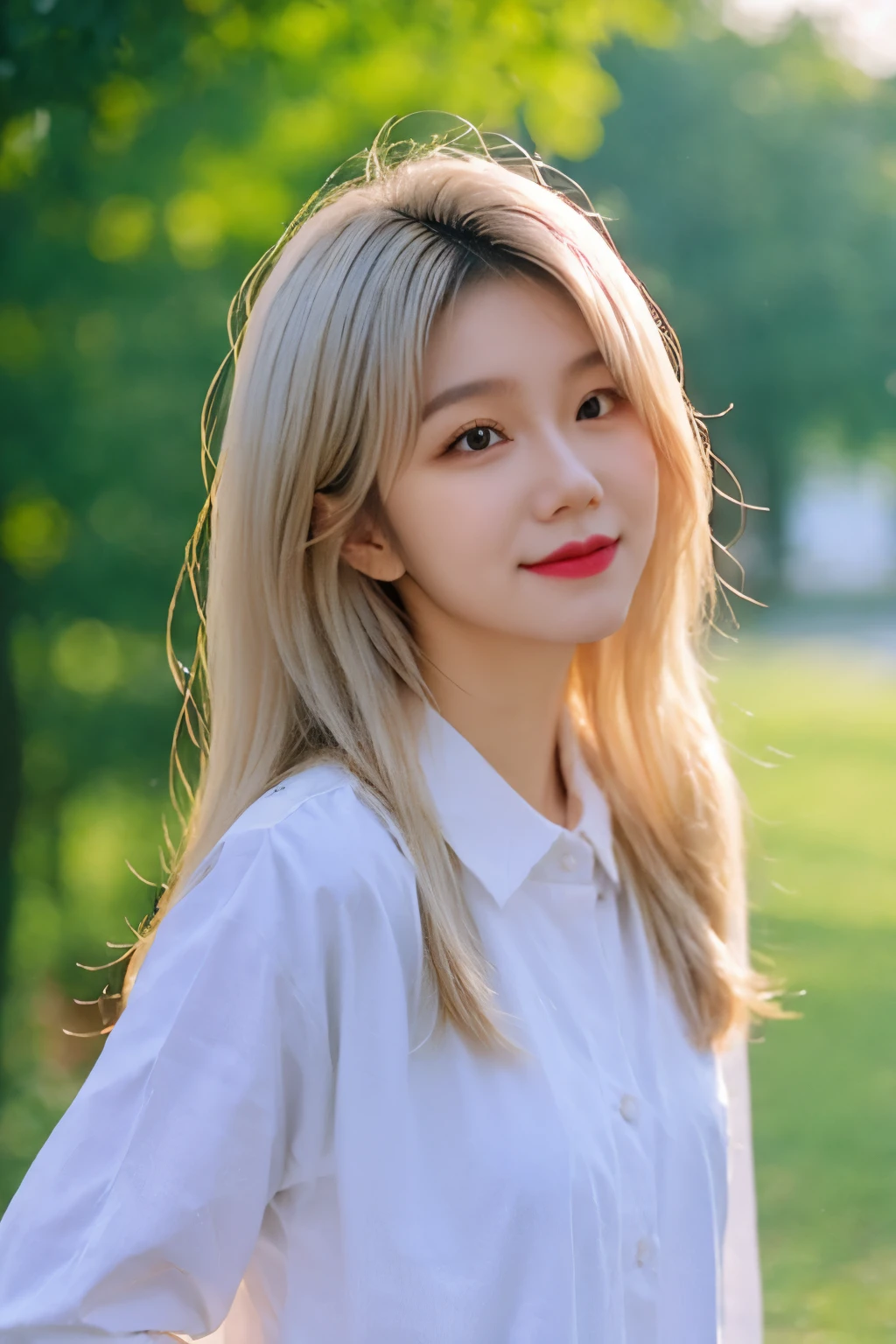 1girl,closed mouth,lips,long hair,looking at viewer,realistic,smile,solo,white hair,white shirt,longziyan