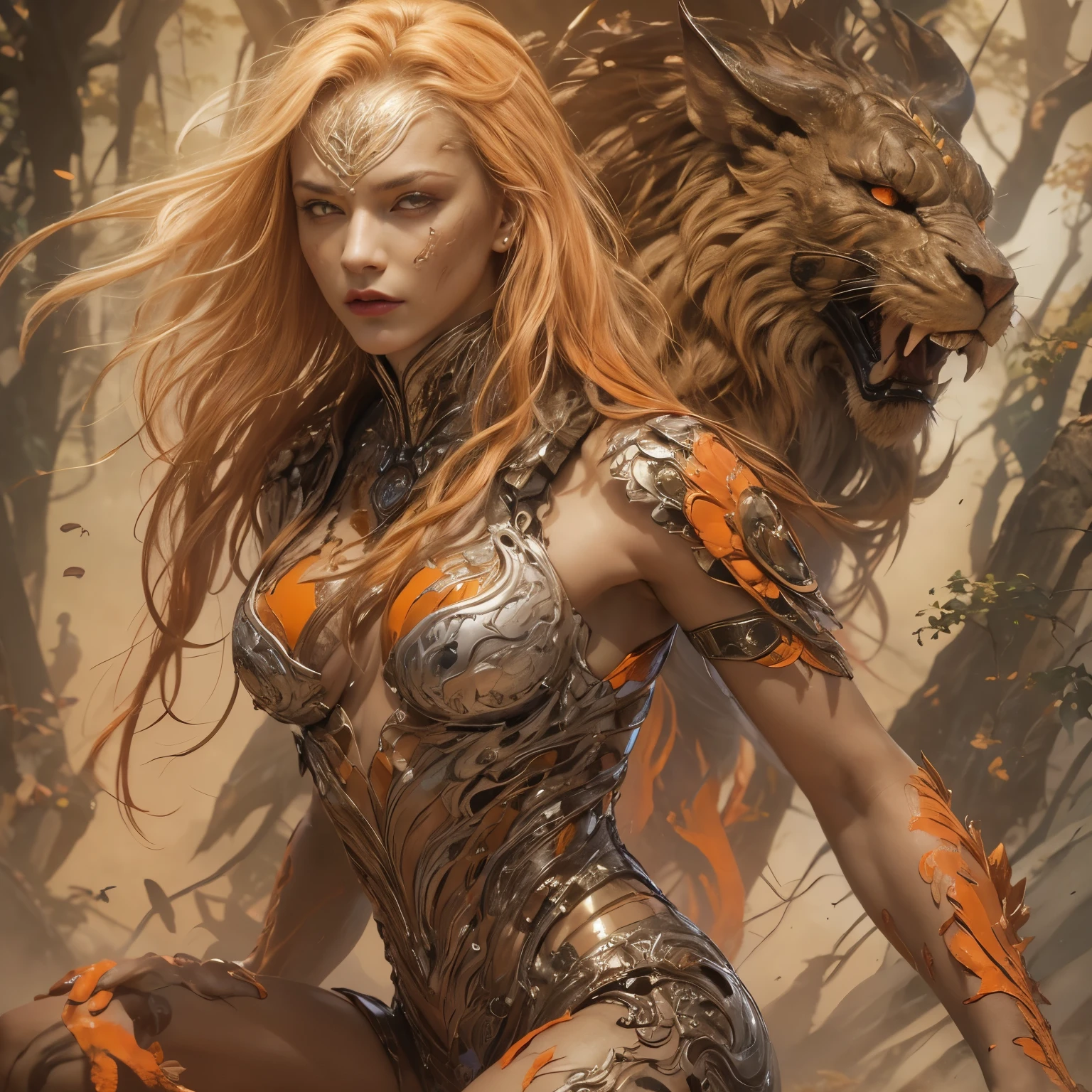 1 female alien, The predator, (extremely beautiful:1.2), (intense gaze:1.4), (predator:1.1), long dark claws, (NSFW:0.8), nipples, thick eyebrows, (shine orange eyes:1.5), the most beautiful face in the universe, NSFW, pink blonde hair, symmetrical beautiful eyes,

A woman predator with an extremely beautiful face, her intense gaze fixed on her prey, a primal force that could not be denied.

(beautiful lean body:1.5), (muscular build:1.2), (prowling:1.3), (sleek movements:1.4)

Her beautiful body, muscular and toned, moved with sleek grace as she prowled, ready to strike at a moment's notice. The predator within her was always on,                                                                          
                                                                                                                                                               
 cinematic drawing of characters, ultra high quality model, cinematic quality, detail up, (Intricate details:1.2), High resolution, High Definition, drawing faithfully, Official art, Unity 8K wall , 8K Portrait, Best Quality, Very High resolution, ultra detailed artistic photography,