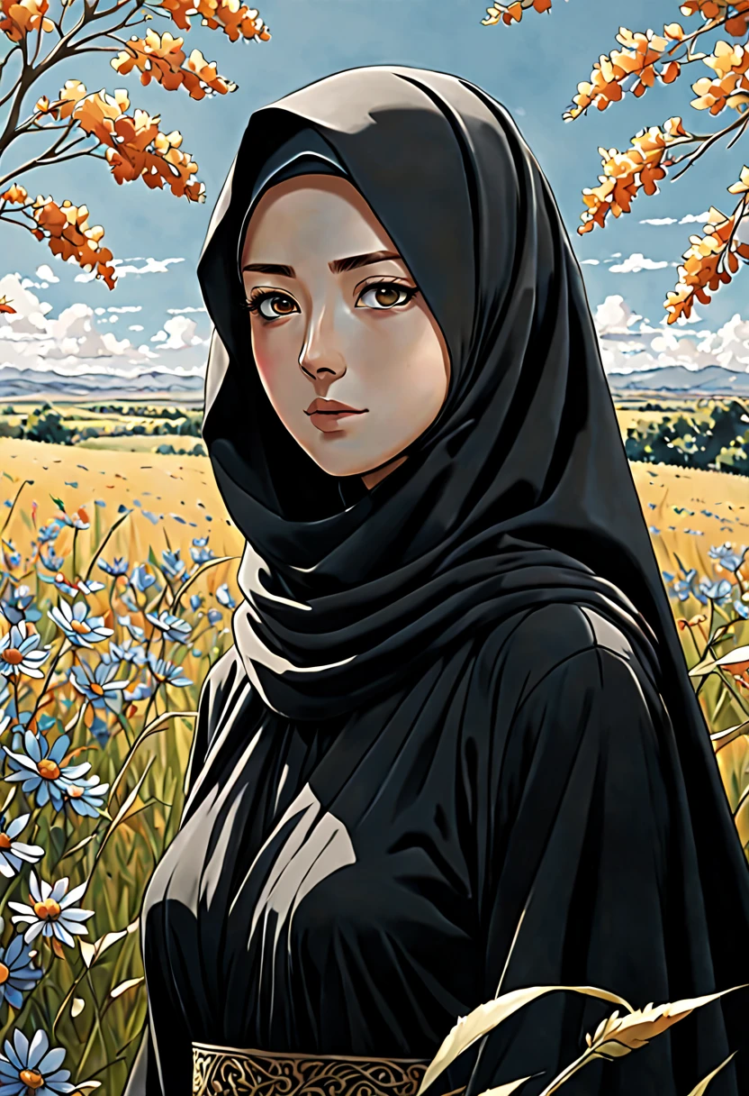 In the Anime style of UFOTABLE studio with excessive details: Illustrate an exquisitely detailed depiction of a 24-year-old woman's face, her unadorned eyes radiating with inner strength and resilience. Draped in a black Abaya and Khimar Hijab, with no hair visible, focus on capturing the natural contours of her face and the subtle interplay of light and shadow. Behind her, a field of wildflowers stretches to the horizon, with vibrant blooms swaying in the breeze. The tranquil setting reflects the woman's inner beauty and connection to the natural world, creating a sense of peace and serenity.