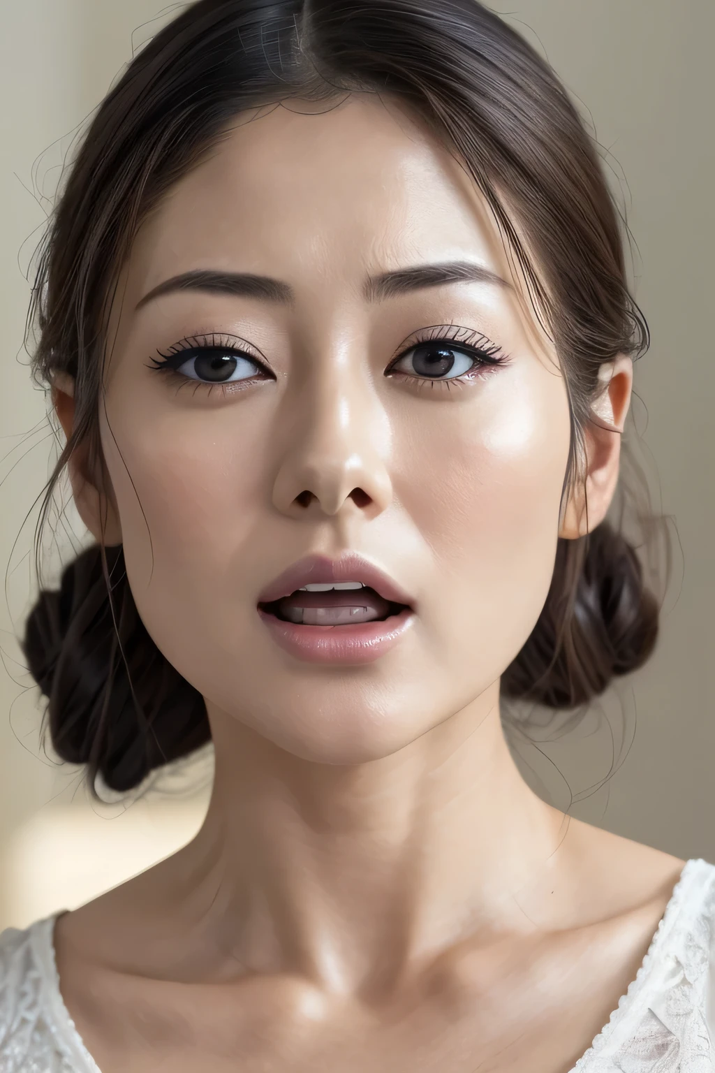ดาราสาวชาวญี่ปุ่นแสนสวย,(photo เหมือนจริง:1.4), (hyper เหมือนจริง:1.4), (เหมือนจริง:1.3),รายละเอียดมาก, ขอบถึงจุดสุดยอด,ใบหน้า Focus, ผู้หญิงที่อ้าปากและหลับตา , ผู้หญิงกับเอดจ์ _ใบหน้า、อายุ 35 ปี、ผมสีดำ、มัดผม,((ใบหน้าをクローズアップ))พื้นหลังสีขาว、เสื้อชั้นในสตรี,ยกแขนขึ้นไว้ด้านหลังศีรษะ,