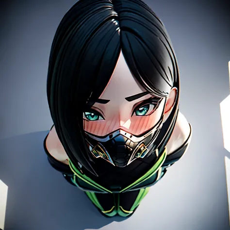 (arhoangel), blender, pixel-viper-mask,
blush, stylized 3d render, masterpiece,  (1girl), (solo), 3d, perfect face, detailed anatomy, cute pose, shy, perfect lighting, detailed hair, bubble butt, absurdres, clean eyes, perfect eyes, kneeling, view from abo...