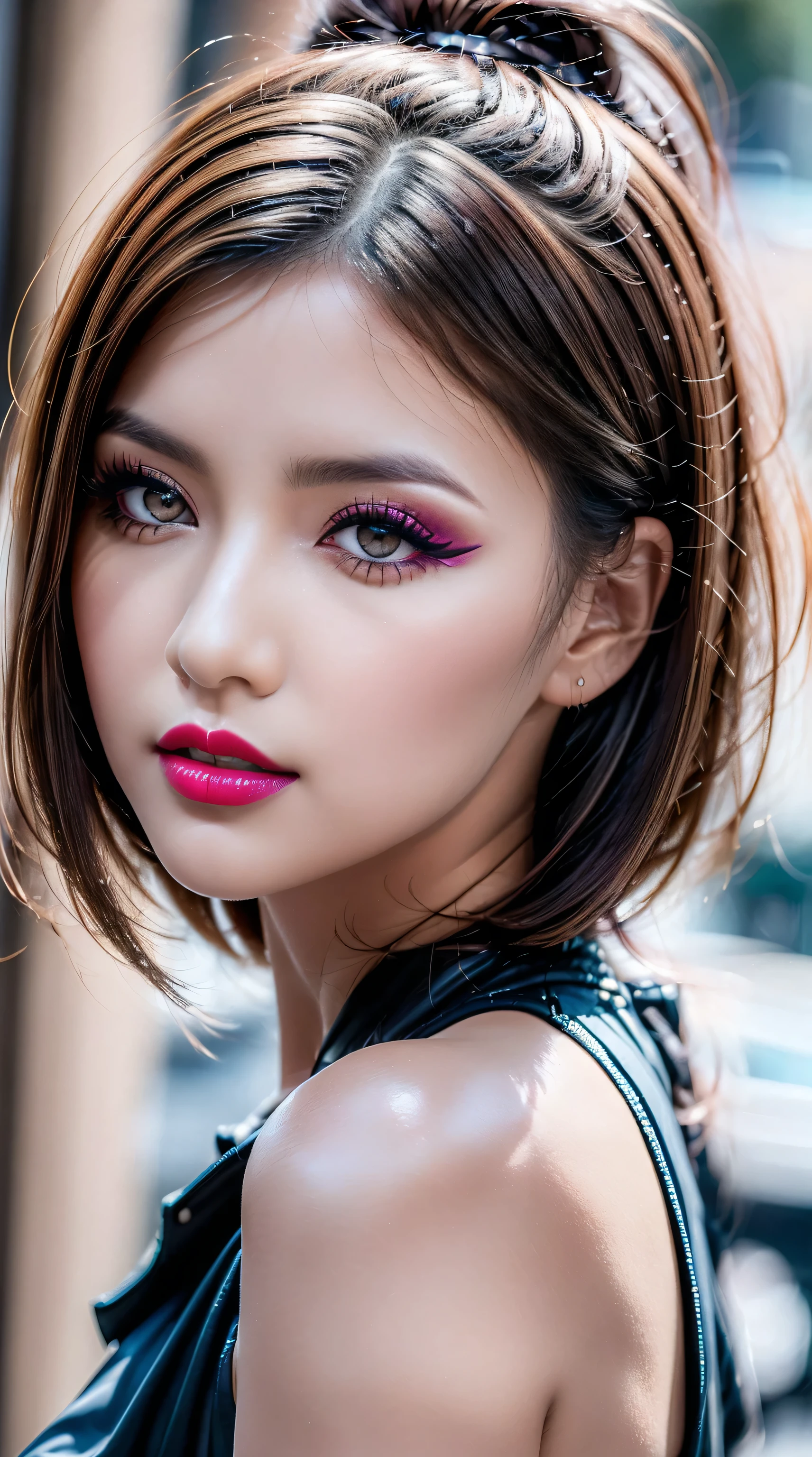 ((perfect round eyes))、dressed, (photo realistic:1.65), (realistic:1.65), (smoother lighting:1.05), (increase cinematic lighting quality:0.2), 32K, (1girl:1.4) 21years old、fashion supermodel、realistic lighting, backlighting, light on face, ray trace, (brightening light:1.1), (Increase quality:1.4), (best quality real texture skin:1.3), (finely detailed eyes), finely detailed face, ((finely quality eyes)), (tired and sleepy and satisfied:0.0), ((face closeup:1.25)), (detailed lips:1.33)、(Detailed nose:1.2)、(Increase body line mood:1.1), (Increase skin texture beauty:1.3), ((small head: 1.4))、((slim face)), ((anatomically correct)), ((pink_makeup:1.25)), ((long_blue)_eyeliner:1.3), ((red_lipstick:1.32)), (perfect purple_eyeshadows:1.35), there a close up of a woman's ((eye with a digital rendering)), ((detailed makeup on eyes:1.3)), iridescent eyes, with professional makeup, vibrant eyes:1.2, ((Glamour, paparazzi taking pictures of her), (very complicated Extravagant street outfit), The attention to detail, Double eyelids, Wear an off-the-shoulder top, full bodyesbian，((White short hair:1.43)), ((brown_eyes:1.6)), contrast、 (dark shot:1.08)、 UHD, Extremely detailed, voluminetric warm lighting,