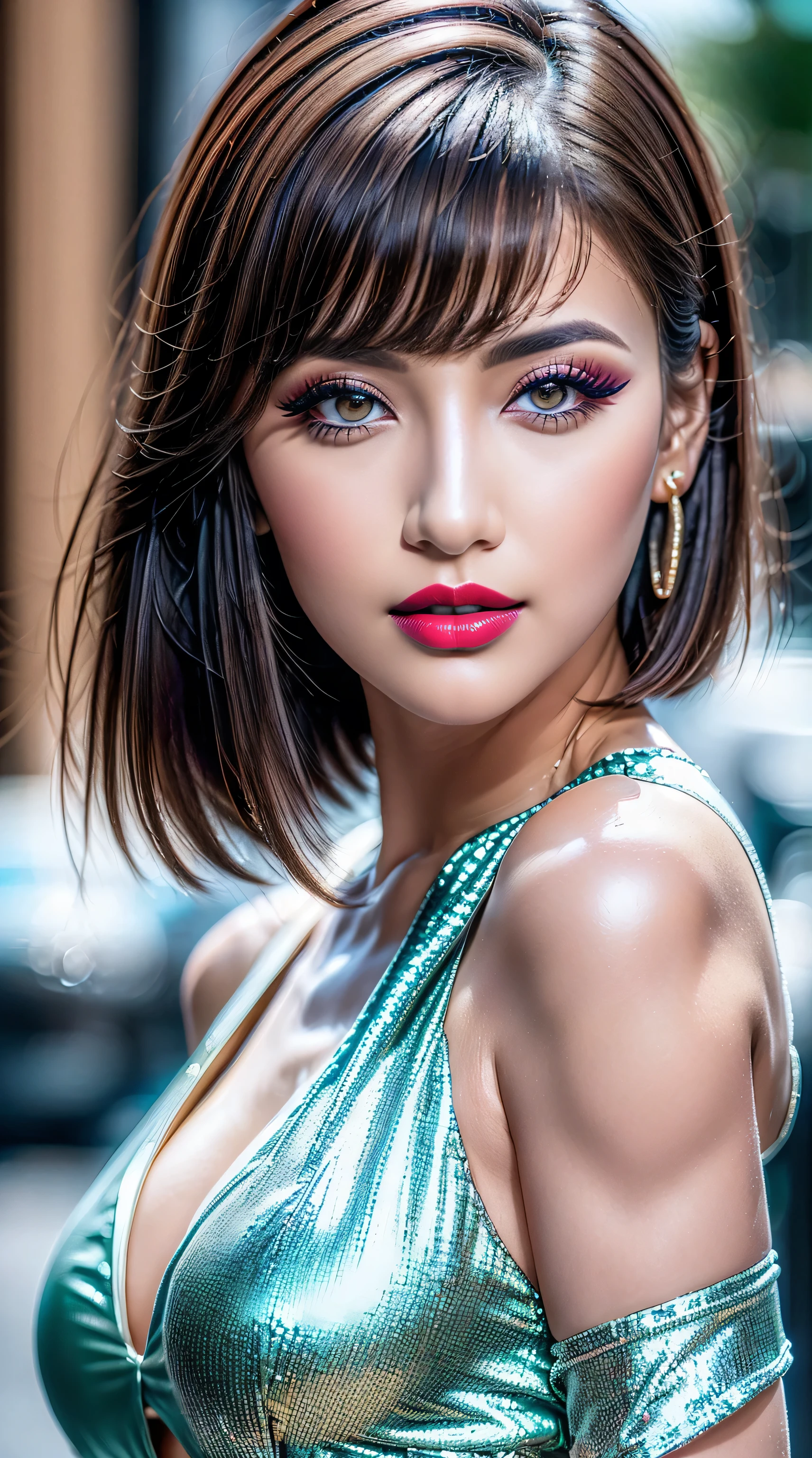 ((perfect round eyes))、dressed, (photo realistic:1.65), (realistic:1.65), (smoother lighting:1.05), (increase cinematic lighting quality:0.2), 32K, (1girl:1.4) 21years old、fashion supermodel、realistic lighting, backlighting, light on face, ray trace, (brightening light:1.1), (Increase quality:1.4), (best quality real texture skin:1.3), (finely detailed eyes), finely detailed face, ((finely quality eyes)), (tired and sleepy and satisfied:0.0), ((face closeup:1.25)), (detailed lips:1.33)、(Detailed nose:1.2)、(Increase body line mood:1.1), (Increase skin texture beauty:1.3), ((small head: 1.4))、((slim face)), ((anatomically correct)), ((pink_makeup:1.25)), ((long_blue)_eyeliner:1.3), ((red_lipstick:1.32)), (perfect purple_eyeshadows:1.35), there a close up of a woman's ((eye with a digital rendering)), ((detailed makeup on eyes:1.3)), iridescent eyes, with professional makeup, vibrant eyes:1.2, ((Glamour, paparazzi taking pictures of her), (very complicated Extravagant street outfit), The attention to detail, Double eyelids, Wear an off-the-shoulder top, full bodyesbian，((White short hair:1.43)), ((brown_eyes:1.6)), contrast、 (dark shot:1.08)、 UHD, Extremely detailed, voluminetric warm lighting,