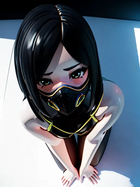 (arhoangel), blender, pixel-viper-mask,
blush, stylized 3d render, masterpiece,  (1girl), (solo), 3d, perfect face, detailed anatomy, cute pose, shy, perfect lighting, bubble butt, absurdres, kneeling, view from above, black hair
