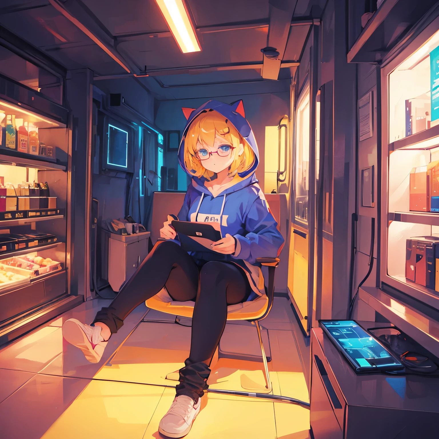 best quality,ultra high resolution,nsfw,1 girl,alone,whole body,In a dark room,(night),((hacker)),code,blonde short hair,blue eyes,Glasses,Hoodie,Reality