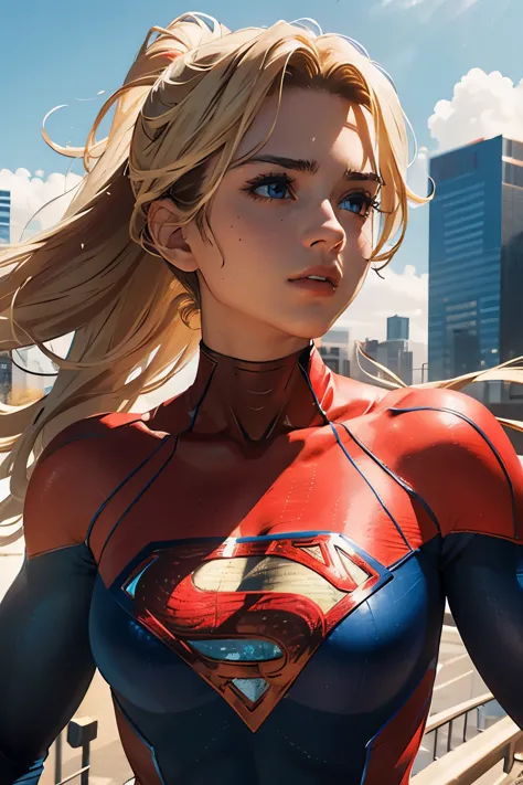 (best quality,ultra-detailed,realistic,photorealistic:1.37), solo female, wearing superman outfit, muscular, detailed face and b...