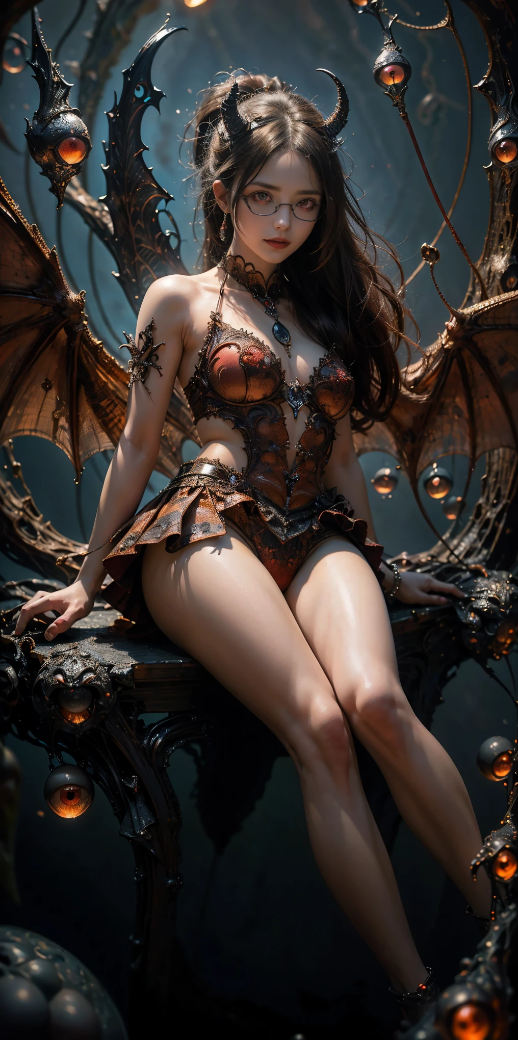 (The best illustrations)、realisitic、ultra-detailliert、The best lighting、Best Shadows、alluring succubus, ethereal beauty, perched on a cloud, (fantasy illustration:1.3), enchanting gaze, captivating pose, delicate wings, otherworldly charm, mystical sky, (Luis Royo:1.2), (Yoshitaka Amano:1.1), Dungeon and Dragon、caves、Dungeon、 A Necromancer、natta、Dark style、Succubus、Devil's Daughter、Bat Wings，(((Demon Hornlack-rimmed round glasses))))、(red eyes glowing:1.6)、​beautiful countenance、Tindall Effect、(High Detail Skins:1.2) absurderes、Ponytail distortion、jewely、Beautiful expression、Toned waist、Wide buttocks、Tindall Effectmasuter piece、top-quality、Highest Standards、Top image quality、masutepiece、intricate detailes、High resolution、Depth Field、natural soft light、profetional lighting、Great smile、(High Detail Skin: 1.2)、photorealistic anime girl render、Strong highlights of the eyes、Perfect Anatomy、crotch open、Shy、Spreading your legs、Panties are visible、Skirt flipping、Body shiny with oilerectile nipple))、8K resolution、intricate clothing、Intricate details、Panties visible through the skirt、Panties in full view、Small panties