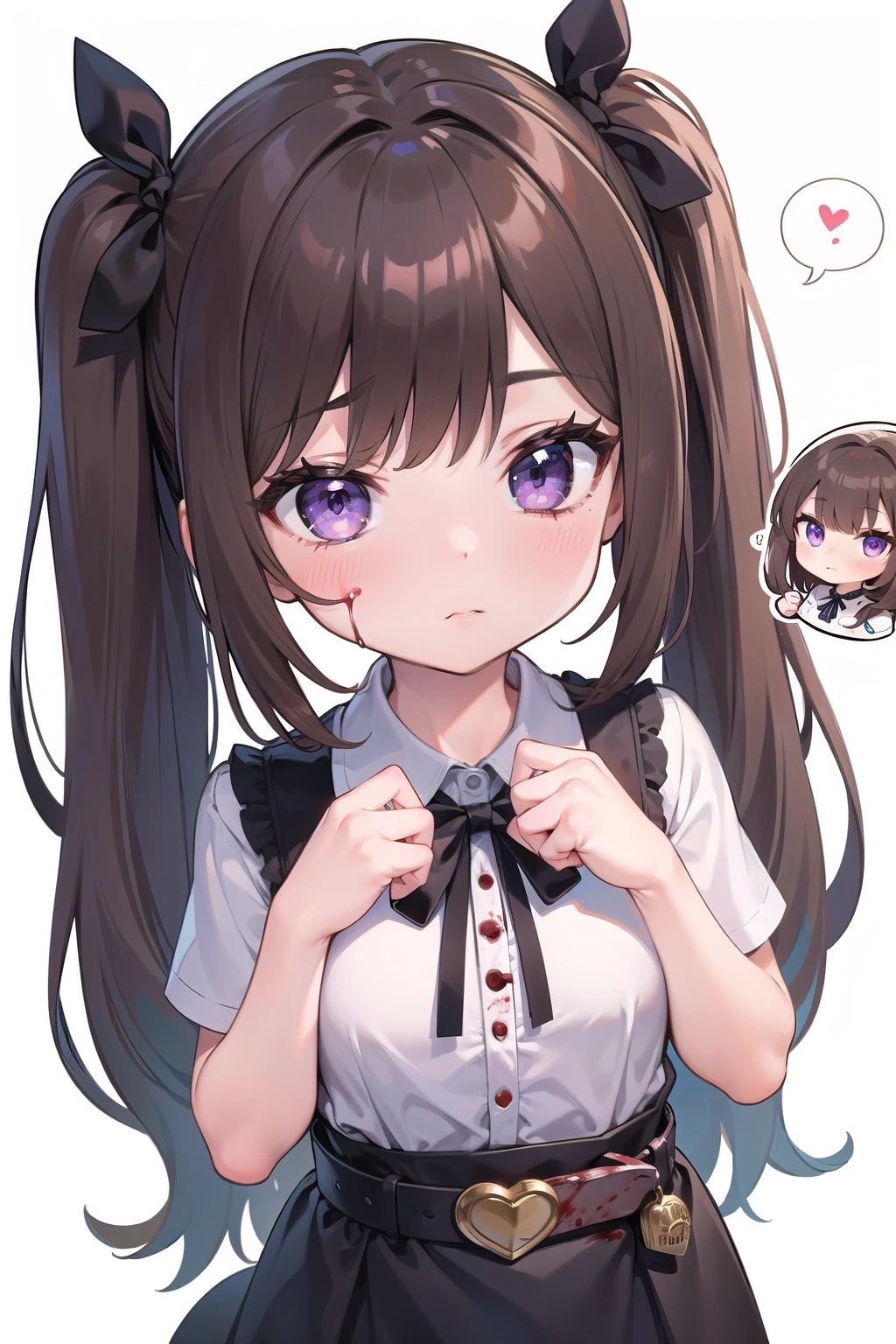 (1 girl), masterpiece, Best quality, super lovely illustration, very cute , very detailed beautiful face, looking at the viewer, 1 girl, belt, close-up, looking at the viewer, 4k, High resolution, ribbon, wild fog, blush, POV, two ponytails of hair, white background, simple background, thick outline, purple eyes, (sleep), brown hair, chibi, expression of love, ((brown hair)), (blood),