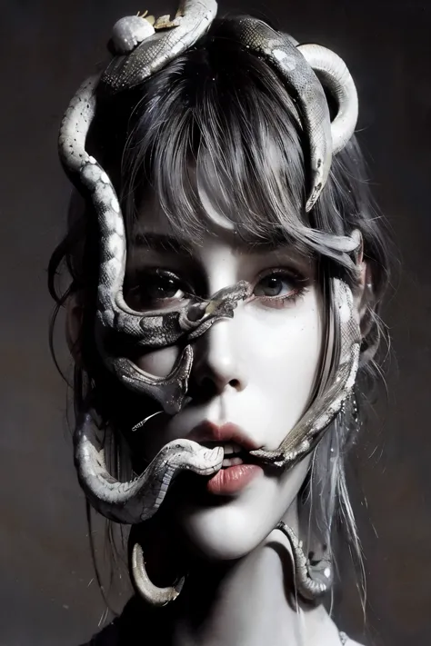 una mujer con una serpiente en la cabeza y una serpiente en la cara, sus muchas serpientes como cabello, Dama con cara de serpiente, with serpientes para el cabello, foto de retrato de , Mujer serpiente, reina de las serpientes,  modelado, hermoso y aterra...