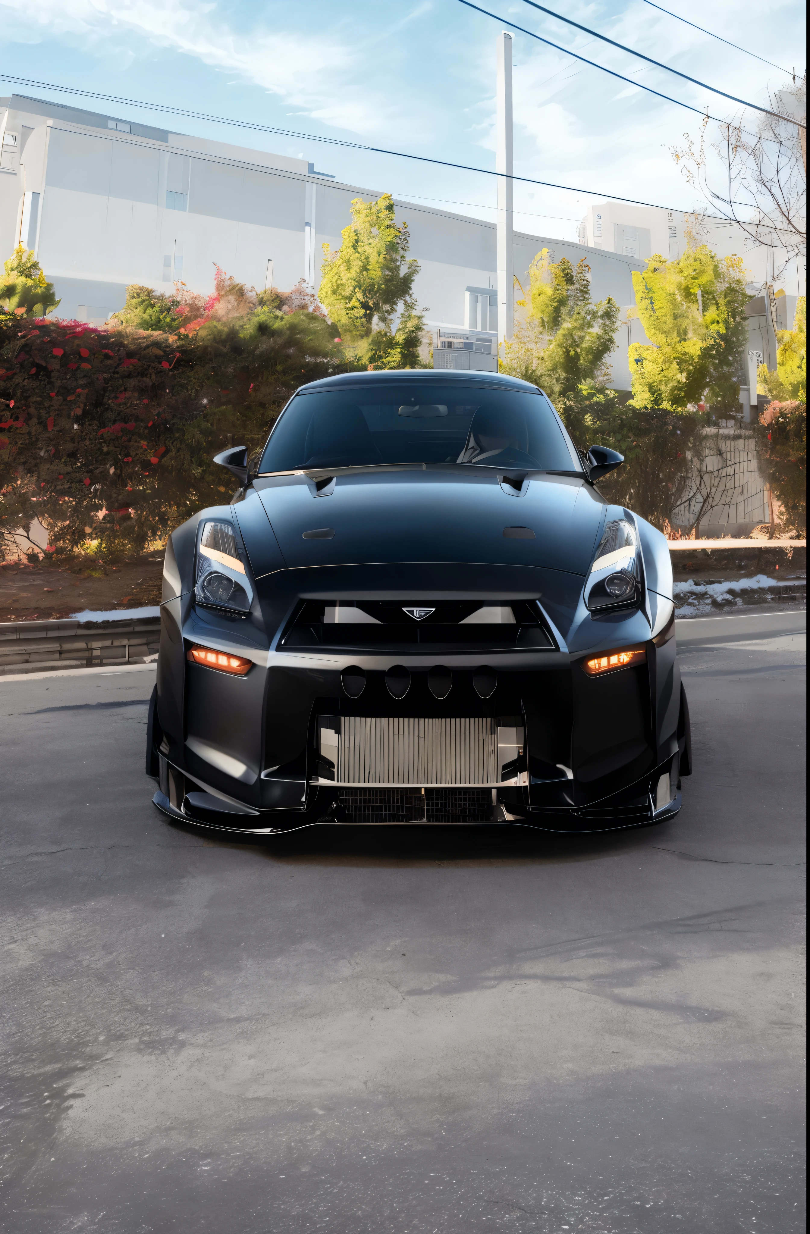 arafed sports car parked in a parking lot with a building in the background, front profile shot, gtr xu1, wide body, front shot, front side views full, front side full, medium wide front shot, front lit, front on, front profile, front angle, full - body - front - shot, full body wide shot, cinematic front shot