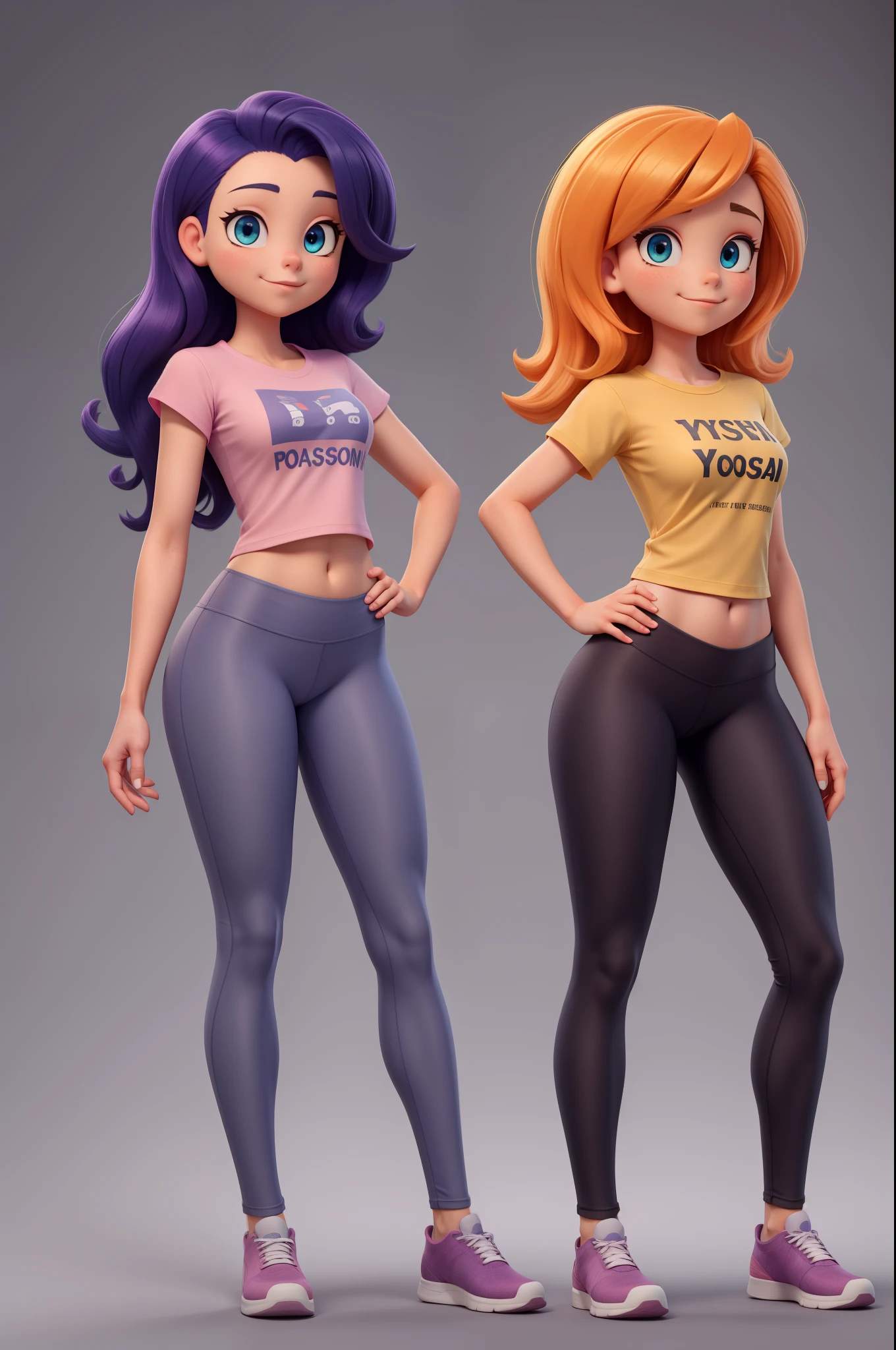 Two cartoon girls in tight pants and t - shirts pose for a photo - SeaArt AI