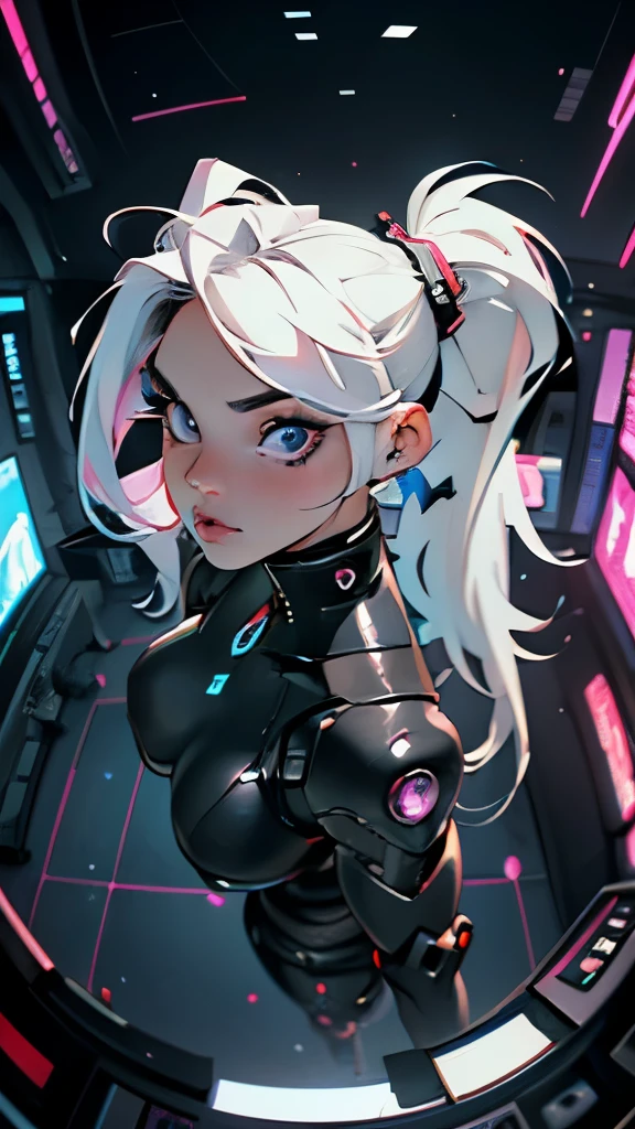 Beautiful young girl looking at camera, ((fisheye photo)), perfect detailed face, cyberpunk blurry background, futuristic cyber soldier sexy outfit, underwear detailed muscles realistic masterpiece gigantic breasts, hardnipples protruding, Ecchi, young sexy cyborg Lolita girl,shot from above, perfect legs, perfect arms perfect eyes, ((long white hair with 2 ponytails)),  huge eyes,