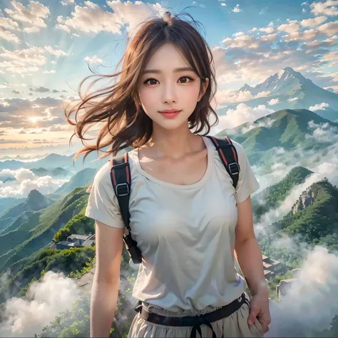 (best quality, hyperrealistic photography), majestic mountain peak, sea of clouds, woman watching sunset, selfie, ((upper body))...