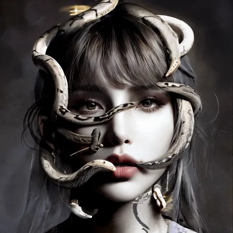 una mujer con una serpiente en la cabeza y una serpiente en la cara, sus muchas serpientes como cabello, Dama con cara de serpiente, with serpientes para el cabello, foto de retrato de , Mujer serpiente, reina de las serpientes,  modelado, hermoso y aterra...