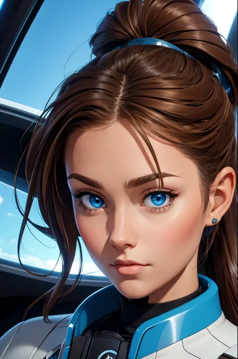 brown hair, ponytail, blue eyes, masterpiece, best quality, cockpit of a spaceship