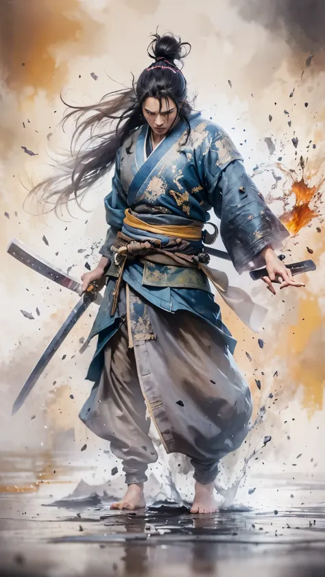 A samurai, eyes filled with angry, (full body:1.8), (Masterpiece), Long flowing black hair, dramatic pose, (Abstract propylene s...
