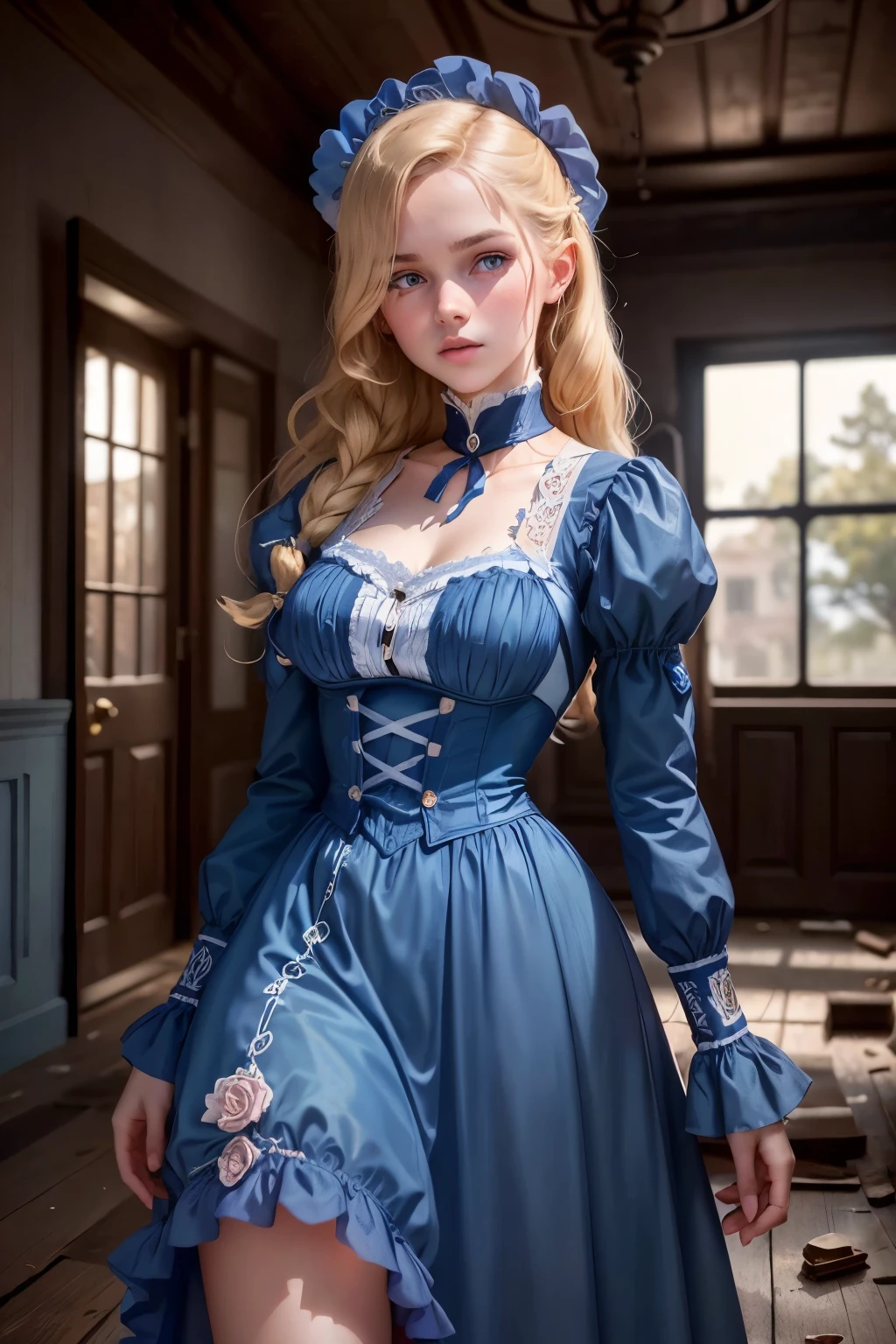 Virginia otis de 15 años la más joven con una cara linda, Virginia Otis persigue a dos zombies dentro de una casa en ruinas. Noche, luces y sombras detalladas, hermoso rostro de Virginia Otis, rubia con ojos azules. zombis, por otro lado, son horribles. Virginia sostiene un cocifix en su mano izquierda mientras que en su mano derecha un modelo de pistola Webley Revolver de 1887.. Era victoriana año 1887..