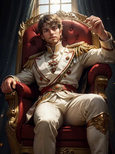 masterpiece, best quality, high resolution, closeup portrait, a beautiful man, a prince, sitting on the throne, legs open, brigh...