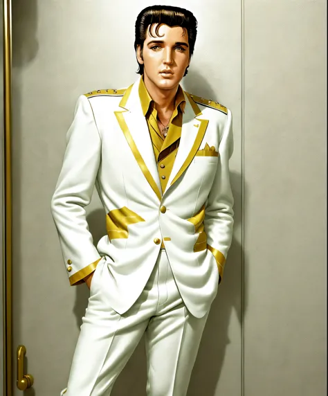 Elvis Presley standing in a bathroom in a white suite with gold stripes 