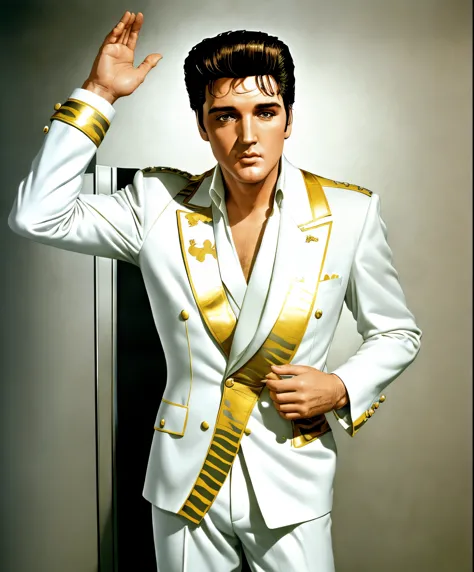 Elvis Presley standing in a bathroom in a white suite with gold stripes 