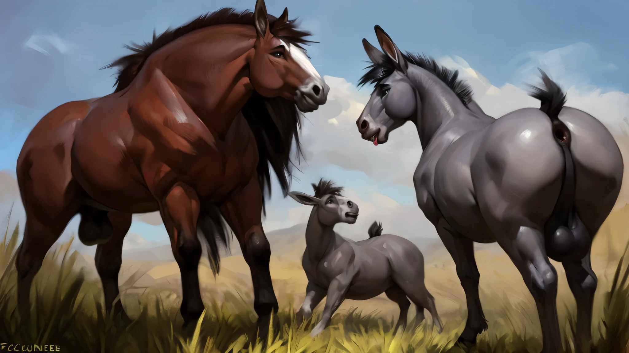 Horses are standing in a field with a sky background - SeaArt AI