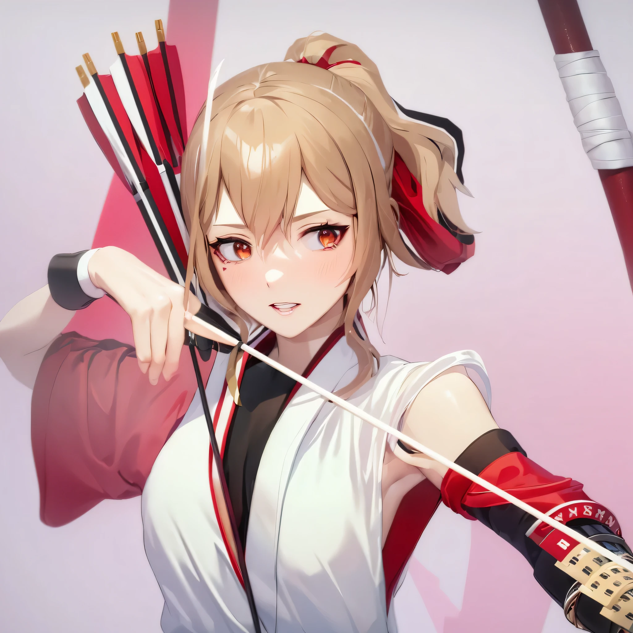 anime - style image of a woman with a bow and arrow, yellow kimono, brown hair, render of april, anime styled 3d, rin, female protagonist 👀 :8, fox nobushi holding a naginata, render of a cute 3d anime girl, katana zero video game character, anime girl with a bow and arrow, makoto, render of mirabel madrigal