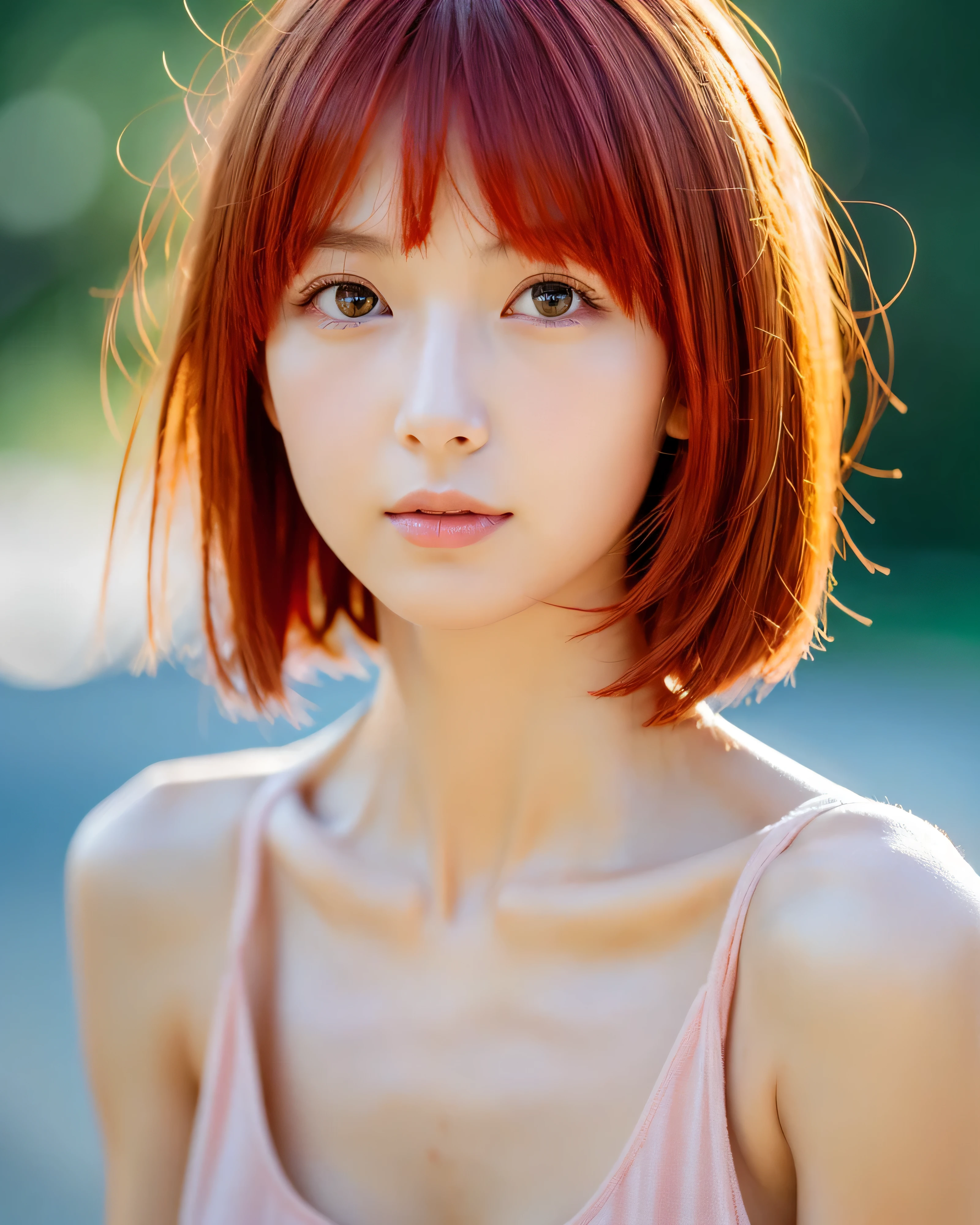 A close up of a woman with a red hair and a pink top - SeaArt AI