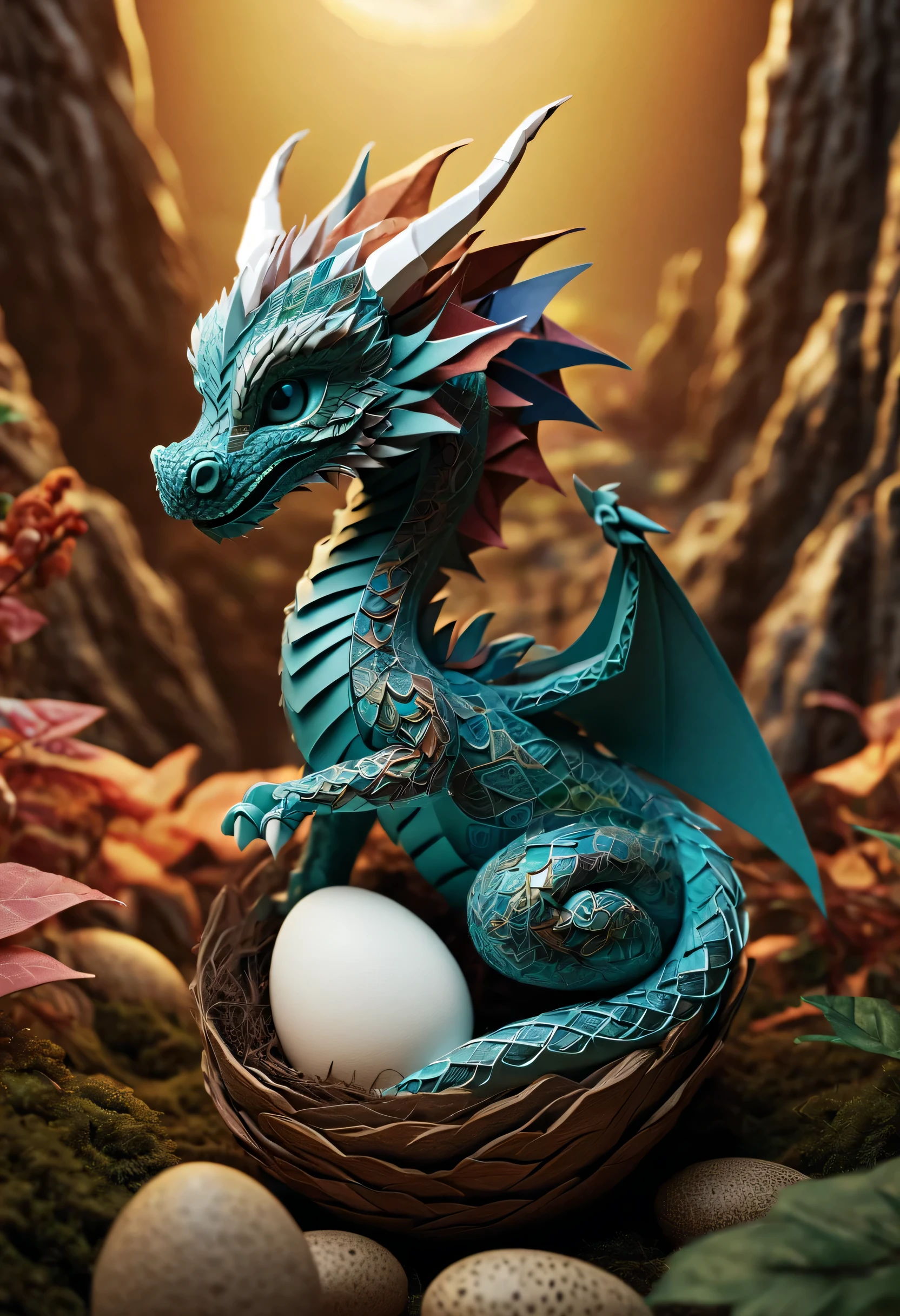 In a nest of Chinese dragons, a mini baby dragon emerges from a cracked egg, in the midst of its discovery of the world. The dragon's mother stands nearby, radiating pride in her newly hatched offspring. The scene is adorned with intricate zentangle patterns, resembling delicate ink art. The dragon and its surroundings feature origami elements, adding a touch of paper-folding craftsmanship. The composition invokes a cinematic quality, as if frozen within a pivotal moment of a grand adventure. The imagery portrays a range of emotions, capturing the awe and wonder of the dragon's first steps in the world. The colors are vibrant and vivid, adding a sense of dynamic energy to the scene. The lighting casts a soft glow, highlighting the dragon's features and creating a magical atmosphere. Staying true to the best quality, the artwork is of high resolution (4k, 8k), resulting in ultra-detailed visuals. The style blends realistic and photorealistic qualities, lending a lifelike presence to the dragons and their environment.