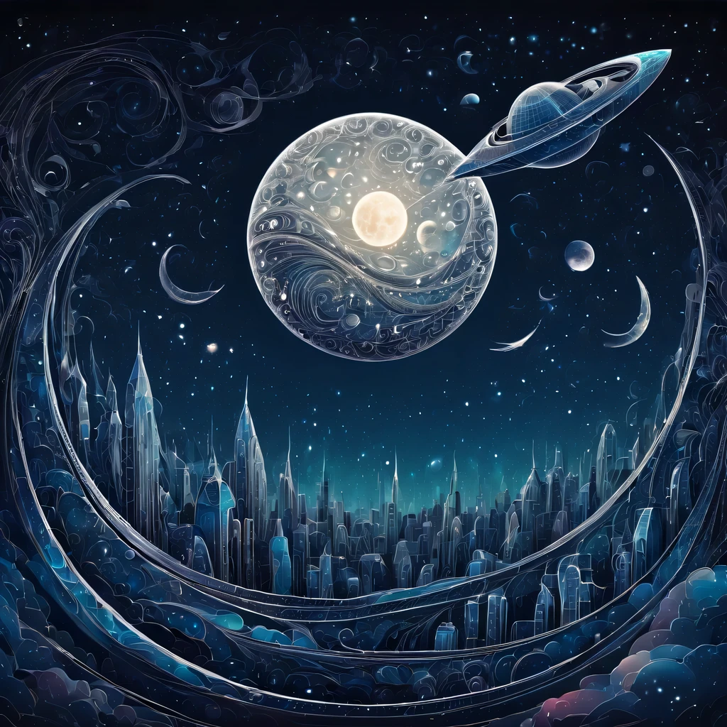 (best quality, highres, ultra sharp), magical city in the moon, about the curvature of space time, spaceship flying over the area, art deco, zentangle, 3d crunch, cinematic