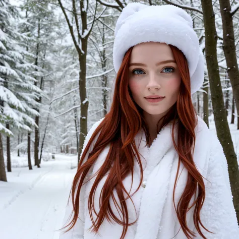 promenade dans la neige en forêt, photo du coprs complet d&#39;une jolie fille rousse de 20 ans, roux, (Avoir l’air timide:1.3),...