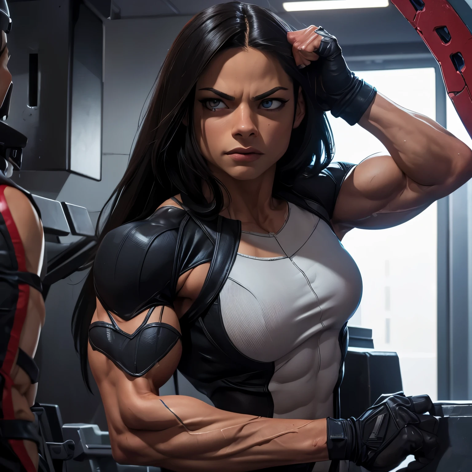 Kristin Kreuk is X-23 from Marvel comics, heavily muscled, bodybuilder veins, highly detailed eyes, highly detailed muscles, highly detailed veins, wearing X-23 uniform, x-23 claws