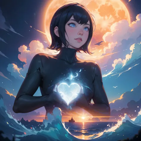 anime girl holding a heart in front of a full moon, artgerm and atey ghailan, rhads and lois van baarle, neoartcore and charlie ...