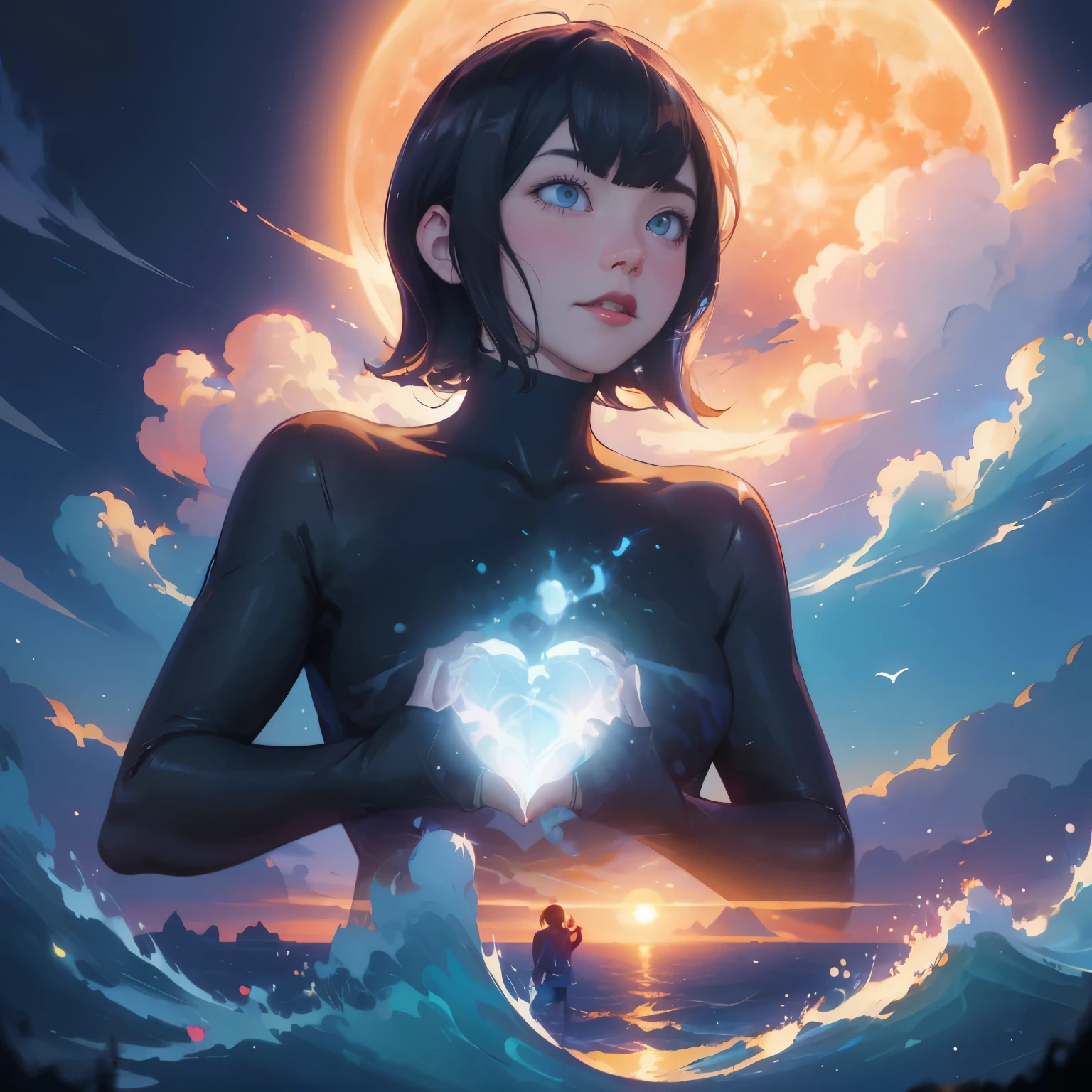 Chica de anime sosteniendo un corazón frente a una luna llena, artgerm y atey ghailan, Rhads y Lois Van Baarle, neoartcore y charlie bowater, alena aenami and artgerm, artgerm e ilya kuvshinov, Makoto Shinkai Cyril Rolando, solo una broma, inspirado por ross tran