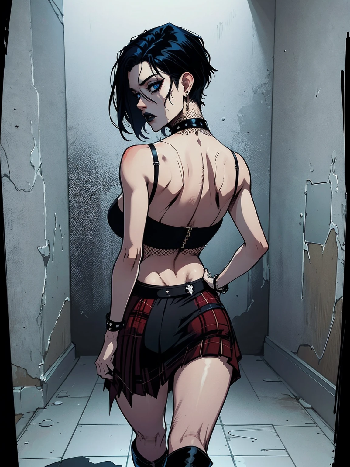 a woman with short black hair, hair on shoulders,  wearing a black cropped  and plaid skirt, blue eyes, zombie art, gothic art, cute aesthetic with vibe, toon aesthetic, wearing red costume, wearing gothic accessories, look like Cassie Hack, upper body, walking on the floor, backwards, looking back, holdilng a skull in her hands, , white background