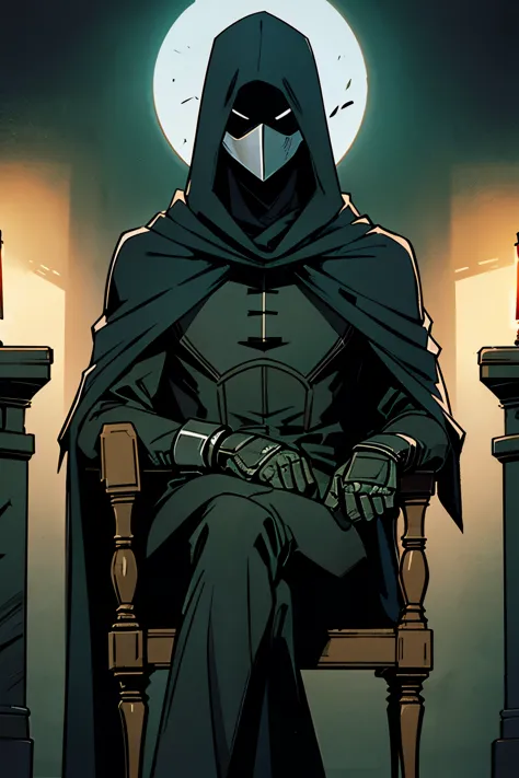 masked man, sitting in chair, in dark, cloaked in darkness